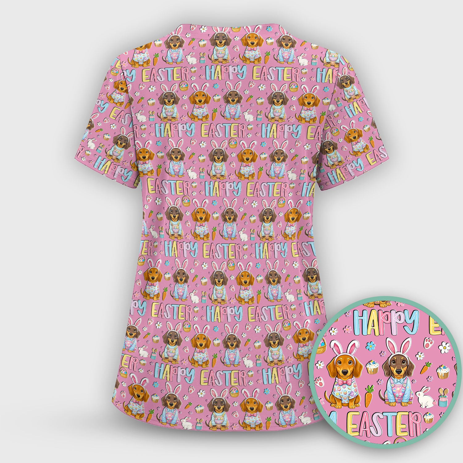 Happy Easter Dachshund Bunny Print Scrub Top, Comfortable Scrubs for Nurses