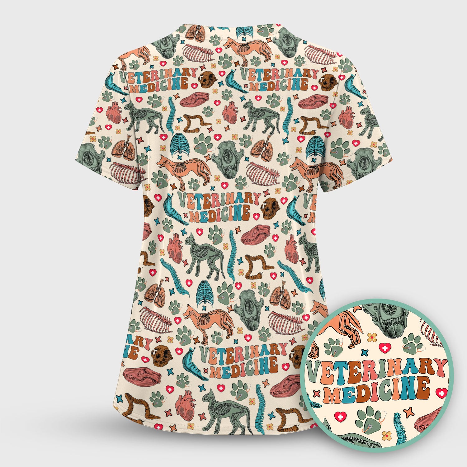 Veterinary Medicine Scrub Top - Cute Animal Anatomy Pattern Medical Shirt - Fun Vet Tech Nurse Scrubs for Women