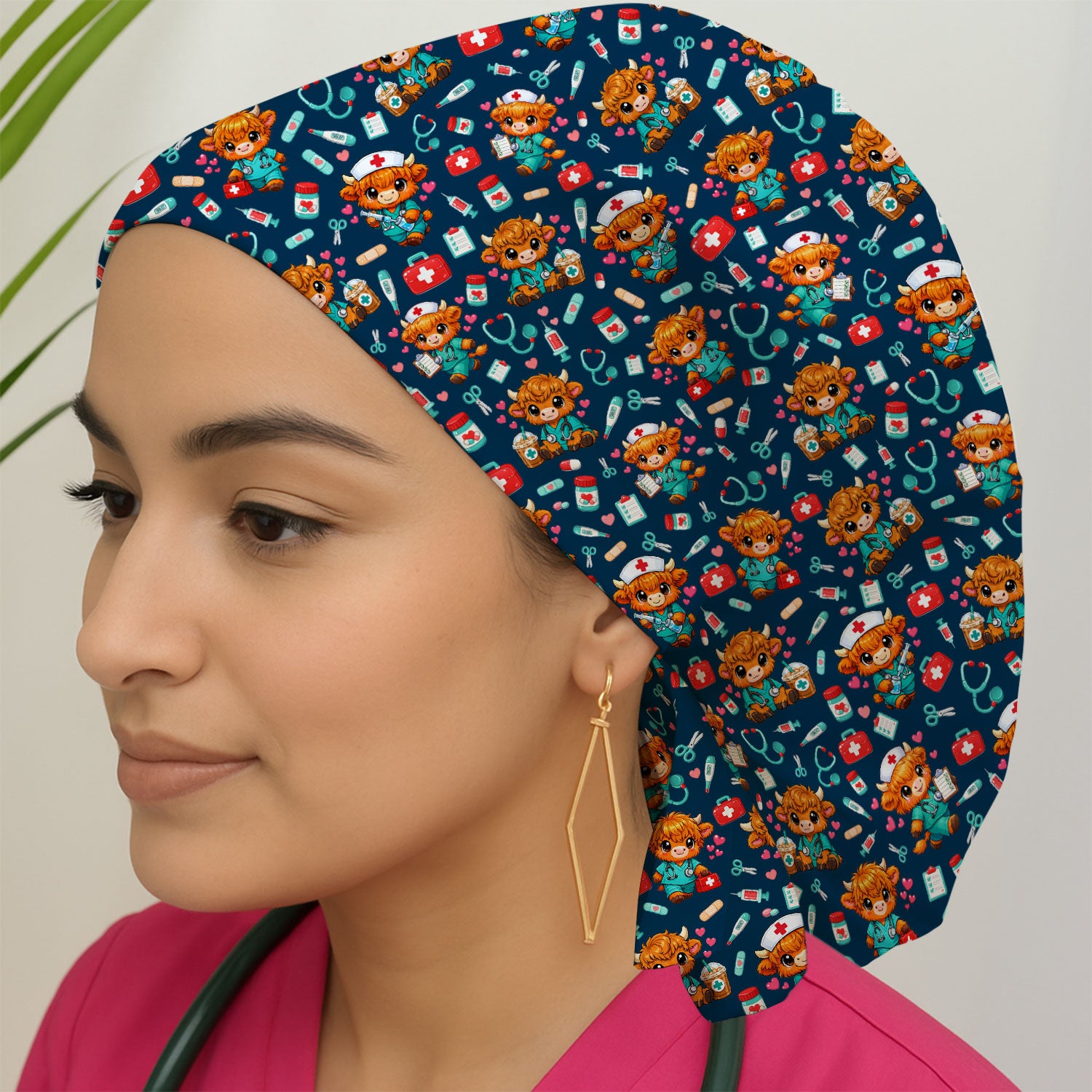 Cute Highland Cow Nurse Scrub Cap, Kawaii Medical Pattern Hat, Breathable Fabrics Nursing Uniform