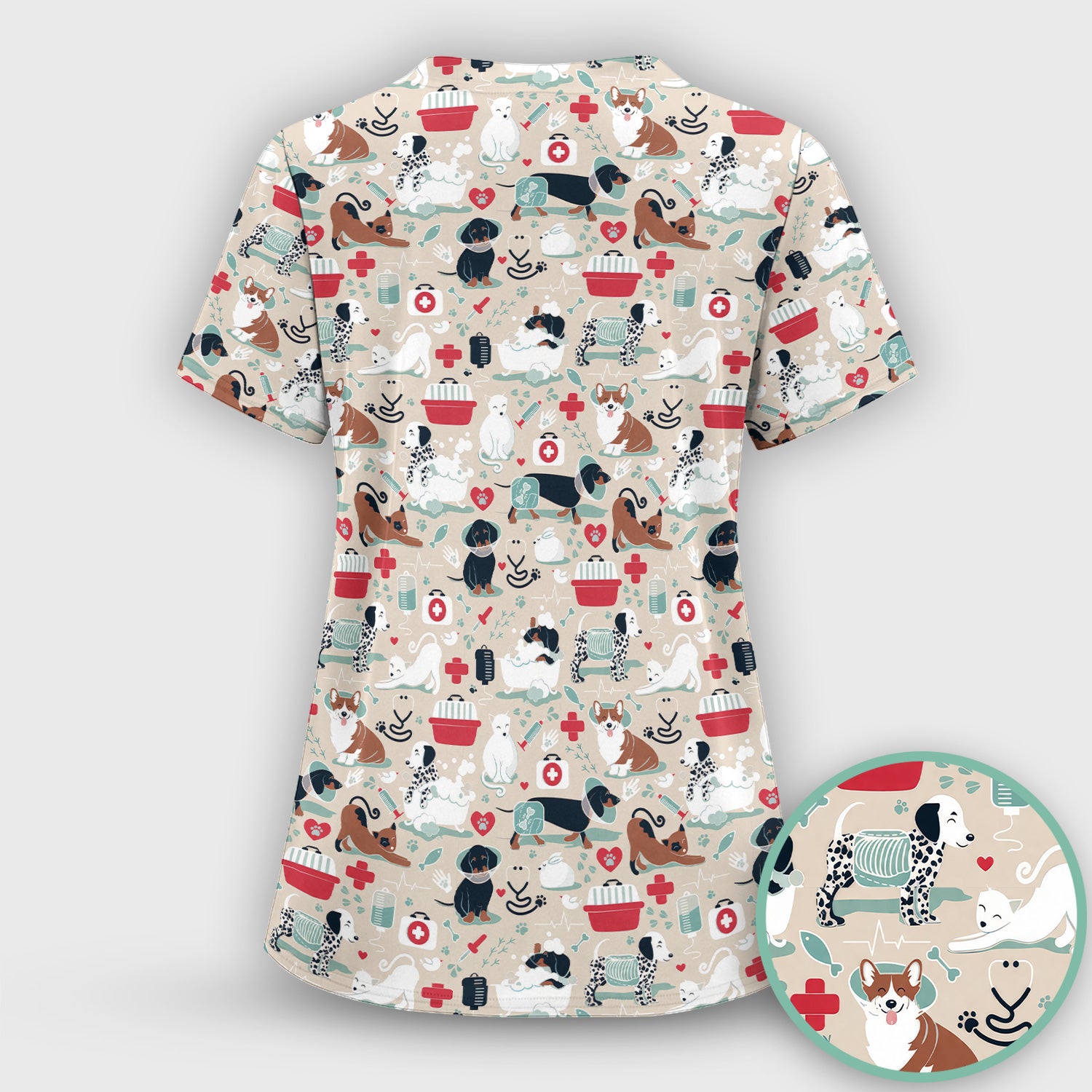 Dogs With Veterinary Tools And Paw Print Scrub Set, Breathable Med Uniform