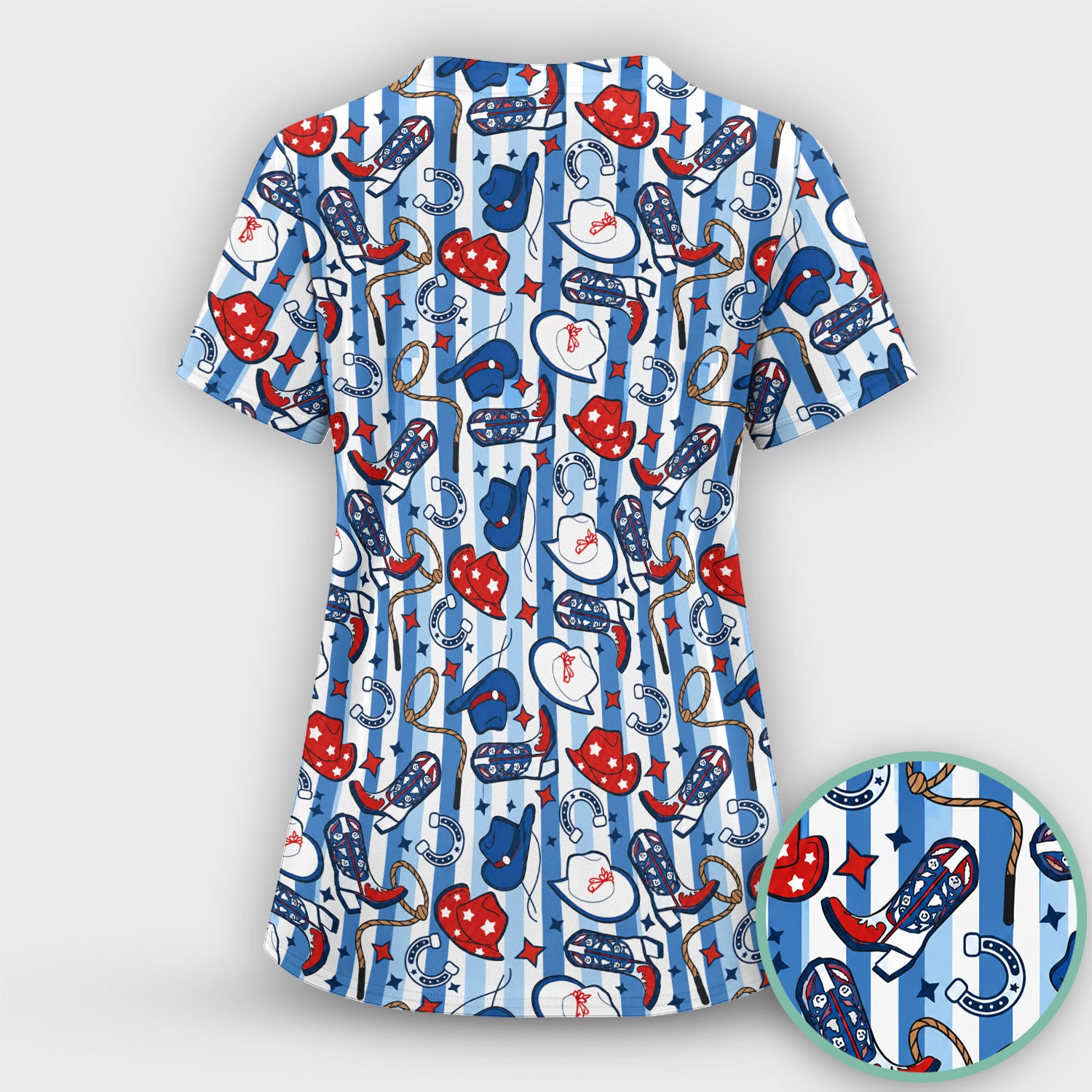 Western Cowboy Boots And Hats Print Scrub Set, Scrub Pants and V Neck Top