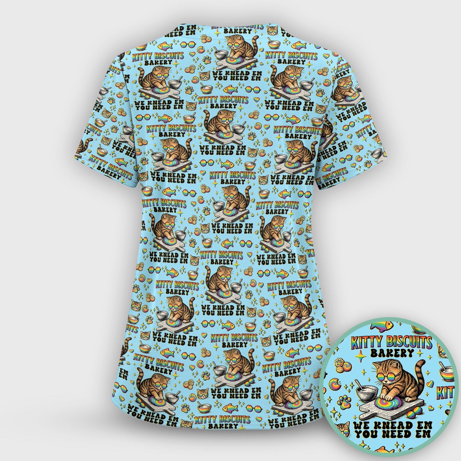 Pride Nurse Cat Baking Rainbow Dough Pattern Scrub Top, Breathable Fabrics Nursing Uniform