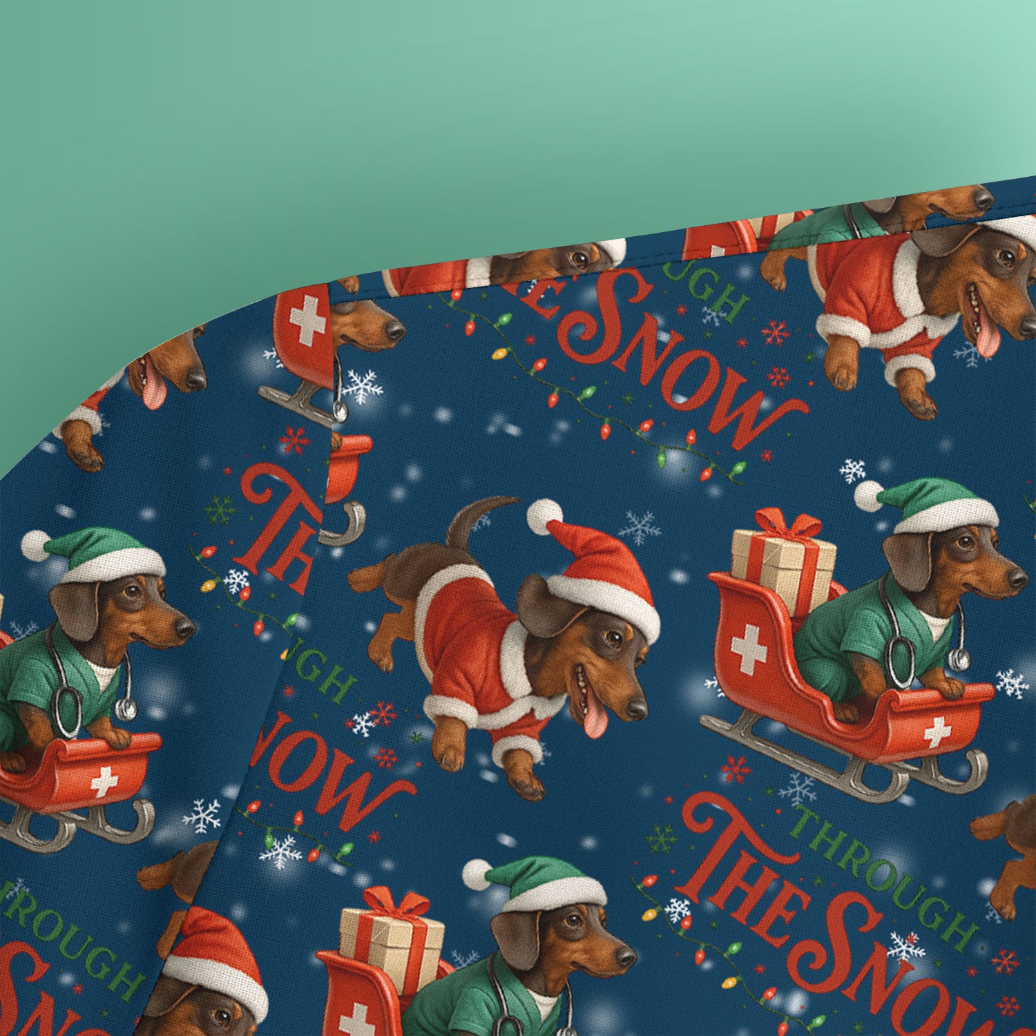 Dachshund Christmas Scrub Top, Cute Dog Nurse Scrub Shirt, Through The Snow Pattern Nursing Uniform