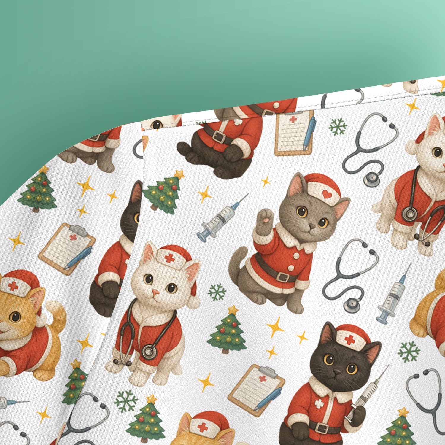 Funny Nurse Scrub Top for Women - Christmas Lucky Cat Design - Cute Holiday Nursing Shirt Gift for RN LPN CNA