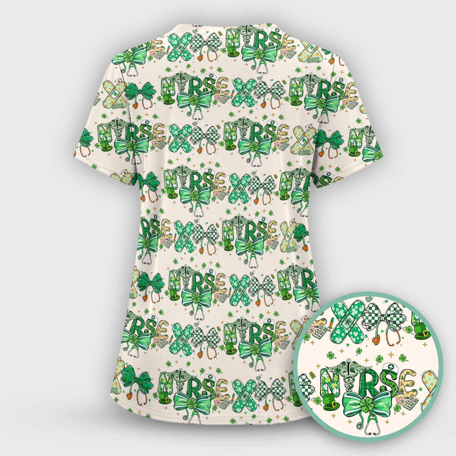 St. Patrick’s Nurse Scrub Top, Lucky Clover And Green Bow Pattern Nurse Shirt, Breathable Fabrics Nursing Uniform