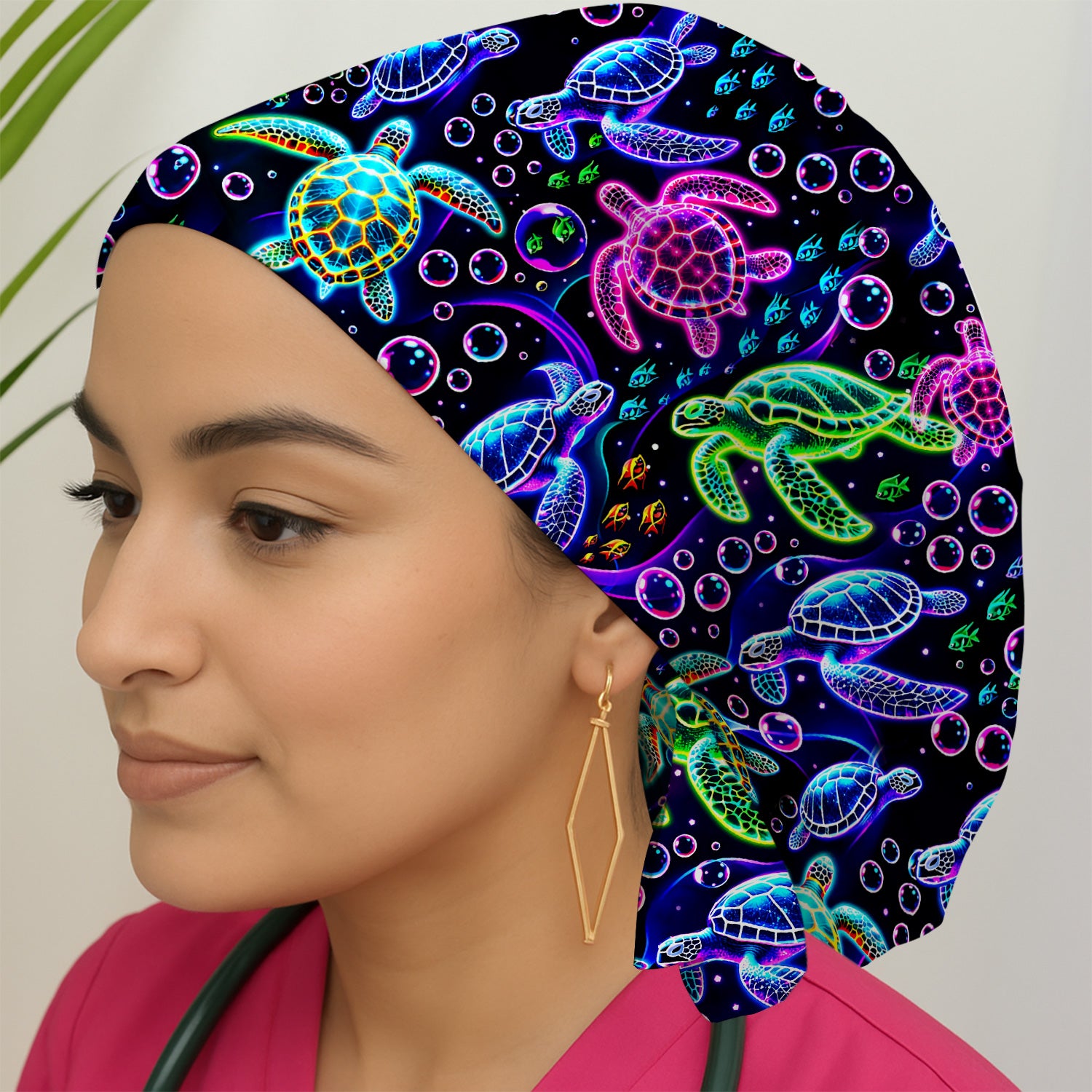 Neon Sea Turtle Swimming Bubble Ocean Scrub Cap, Surgical Caps for Doctors
