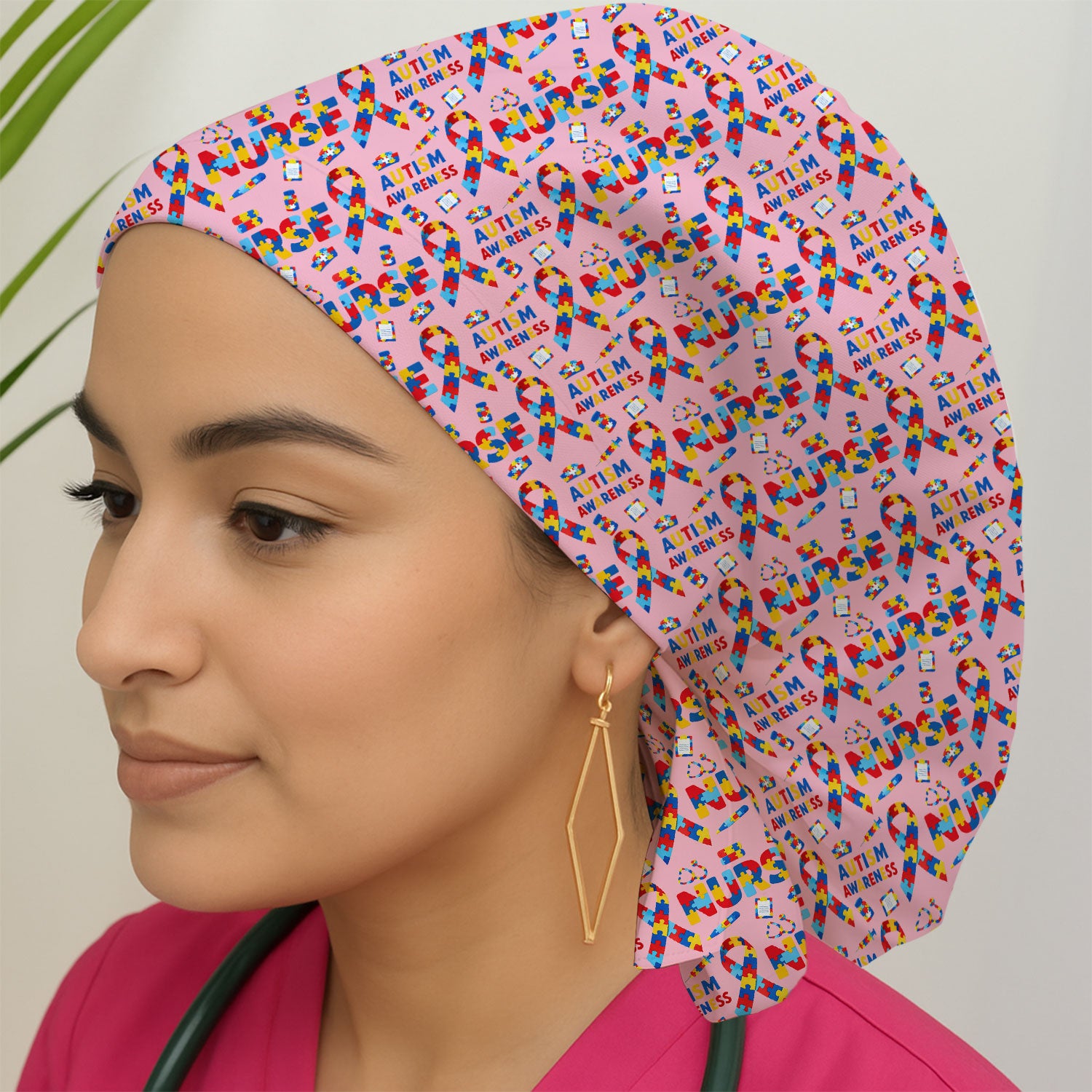 Autism Awareness Nurse Puzzle Ribbon Print Caps,  Breathable Fabrics Caps Uniform