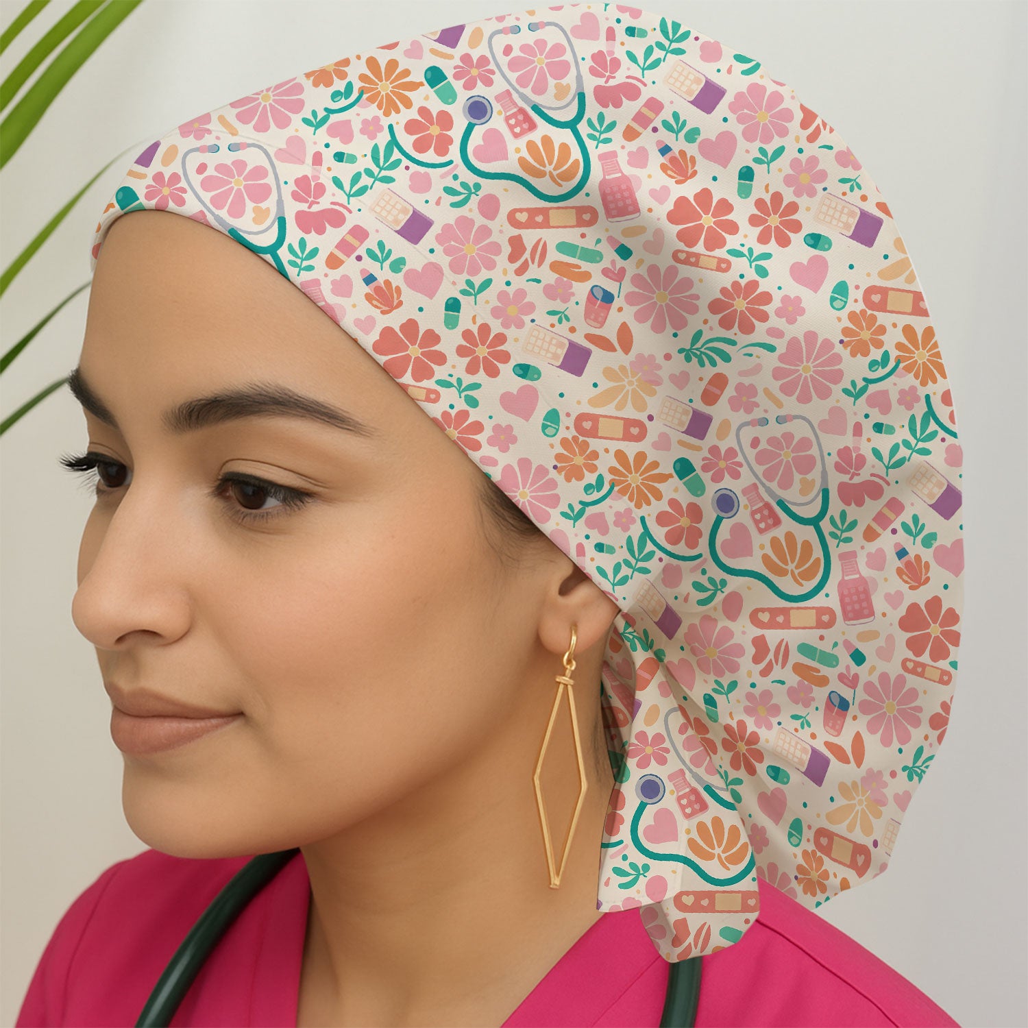 Cute Medical Floral Pattern Scrub Cap, Breathable Fabrics Caps Uniform