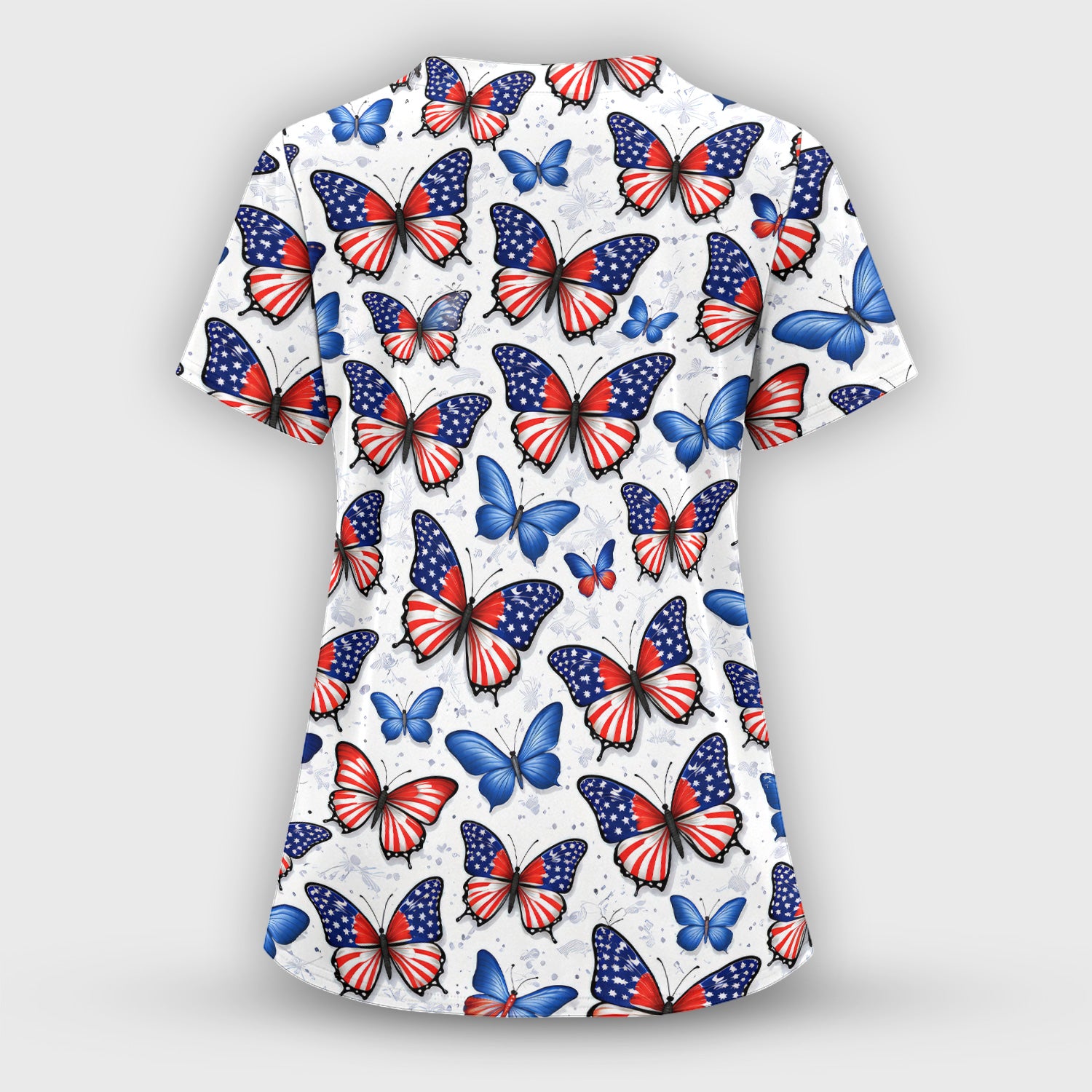 Charming Patriotic Butterfly Star Pattern Scrub Set, Scrub Pants and V Neck Top