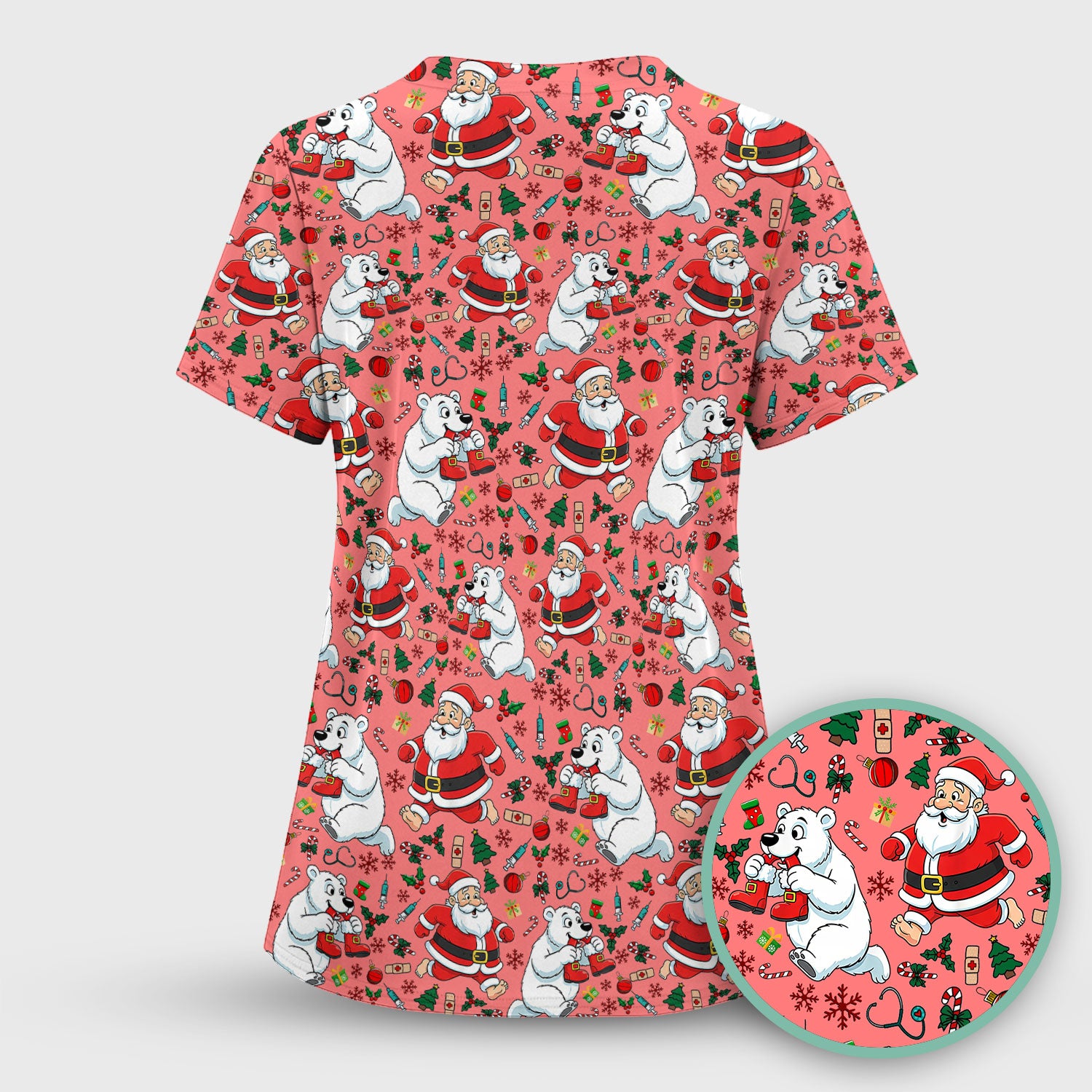 Christmas Santa & Polar Bear Scrub Top - Funny Holiday Nurse Shirt for Women - Cute Winter Medical Uniform