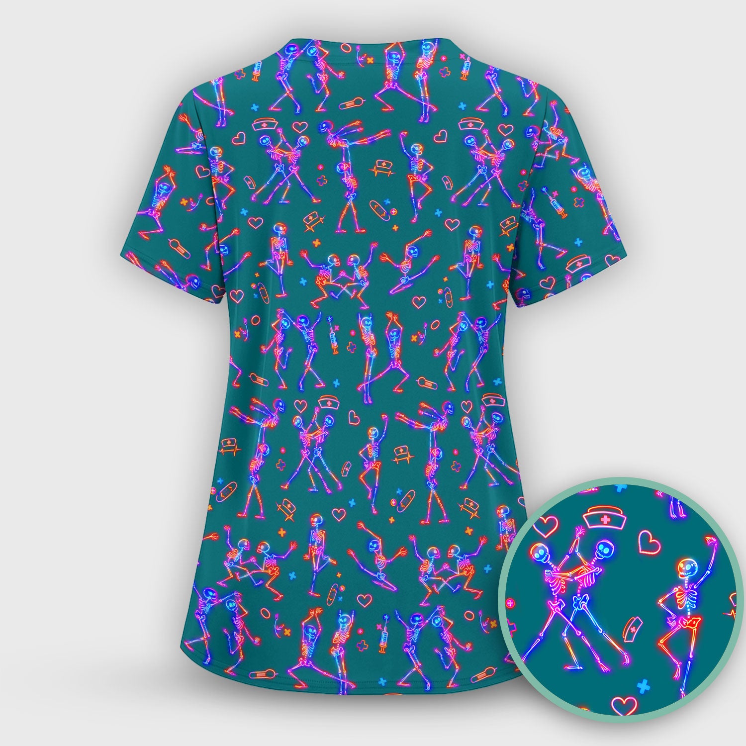 Neon Dancing Skeleton Medical Pattern Scrub Top, Comfortable Scrubs for Nurses