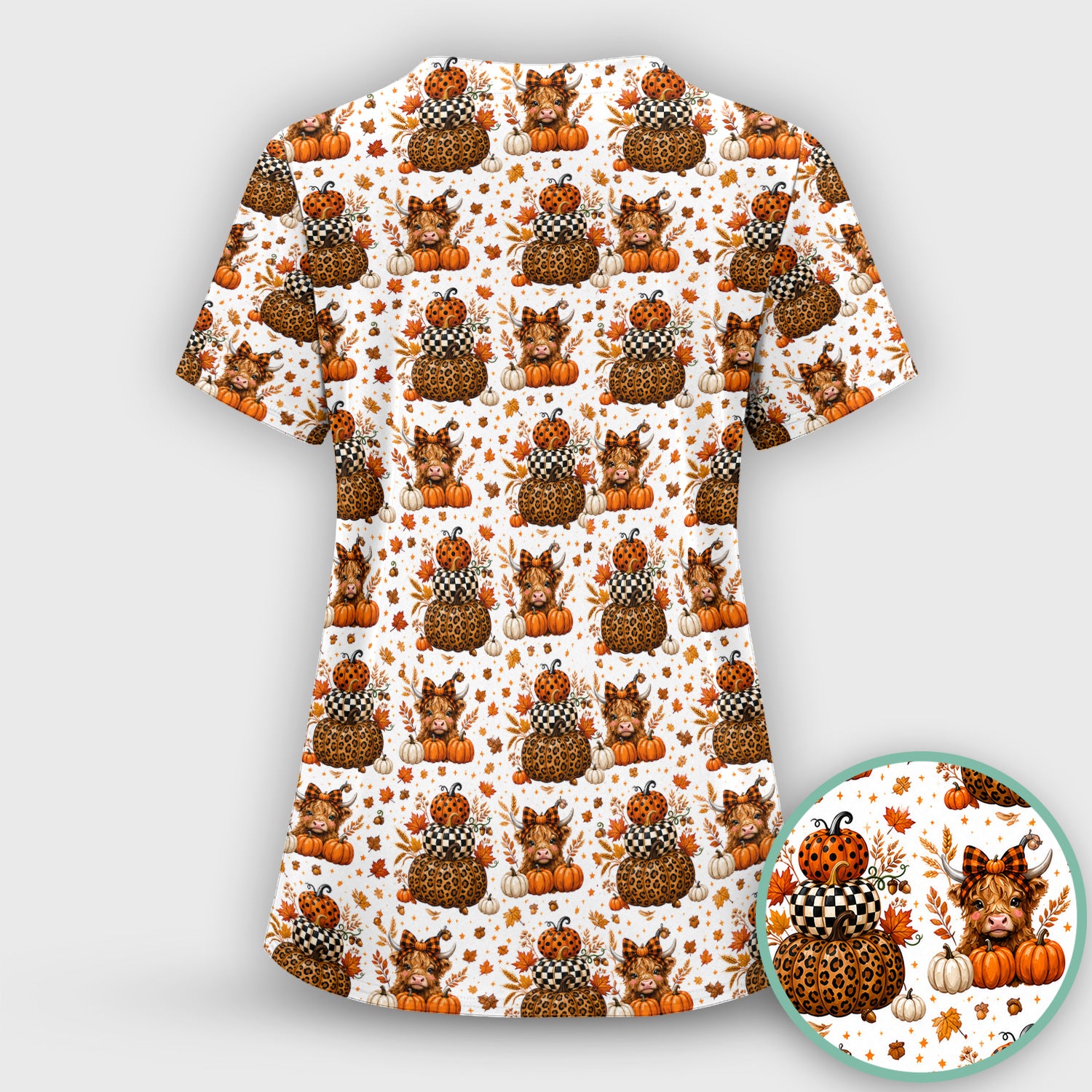 Fall Highland Cow Pattern Scrub Set, Scrub Pants and V Neck Top