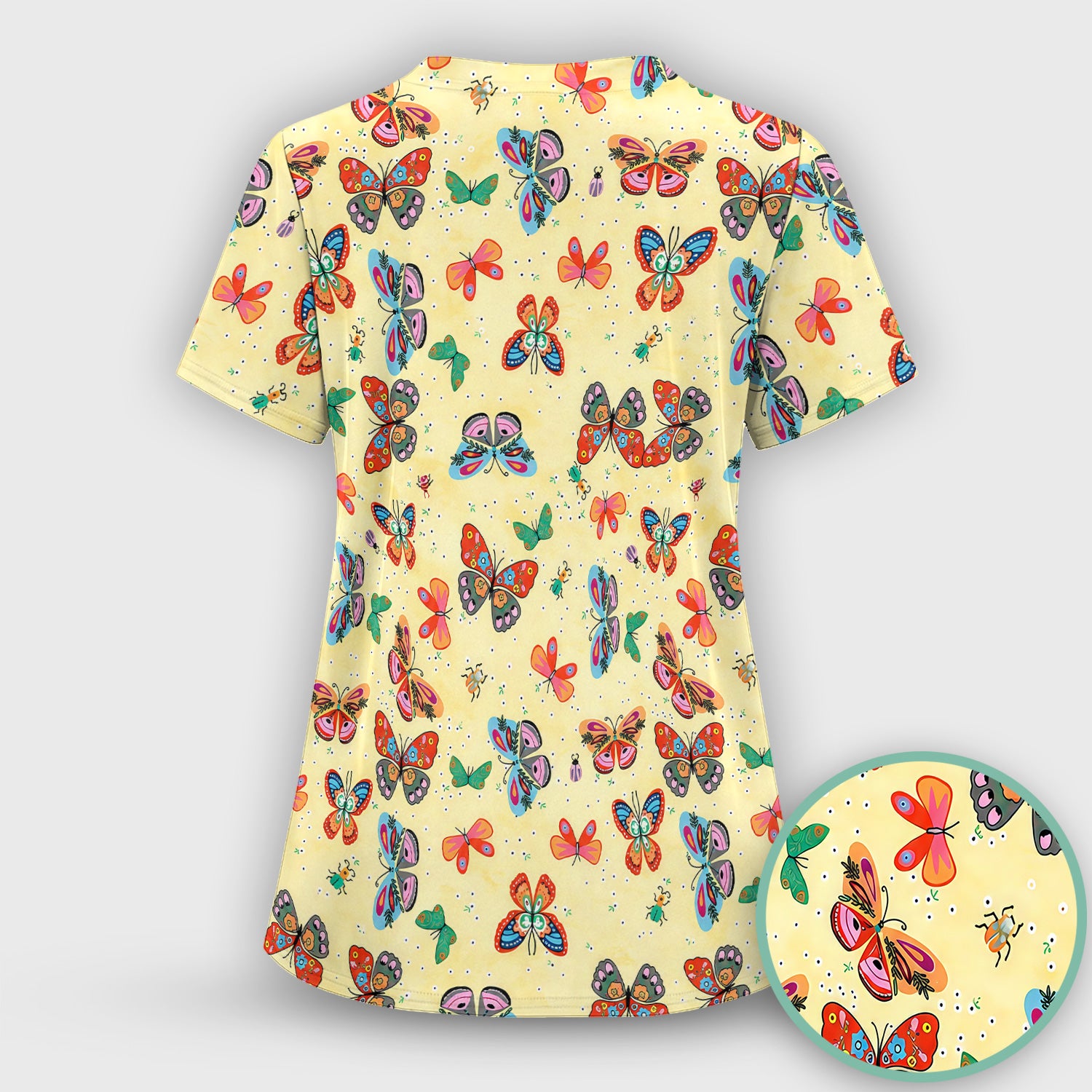 Colorful Butterfly Garden Pattern Scrub Top, Breathable Fabrics Nursing Uniform
