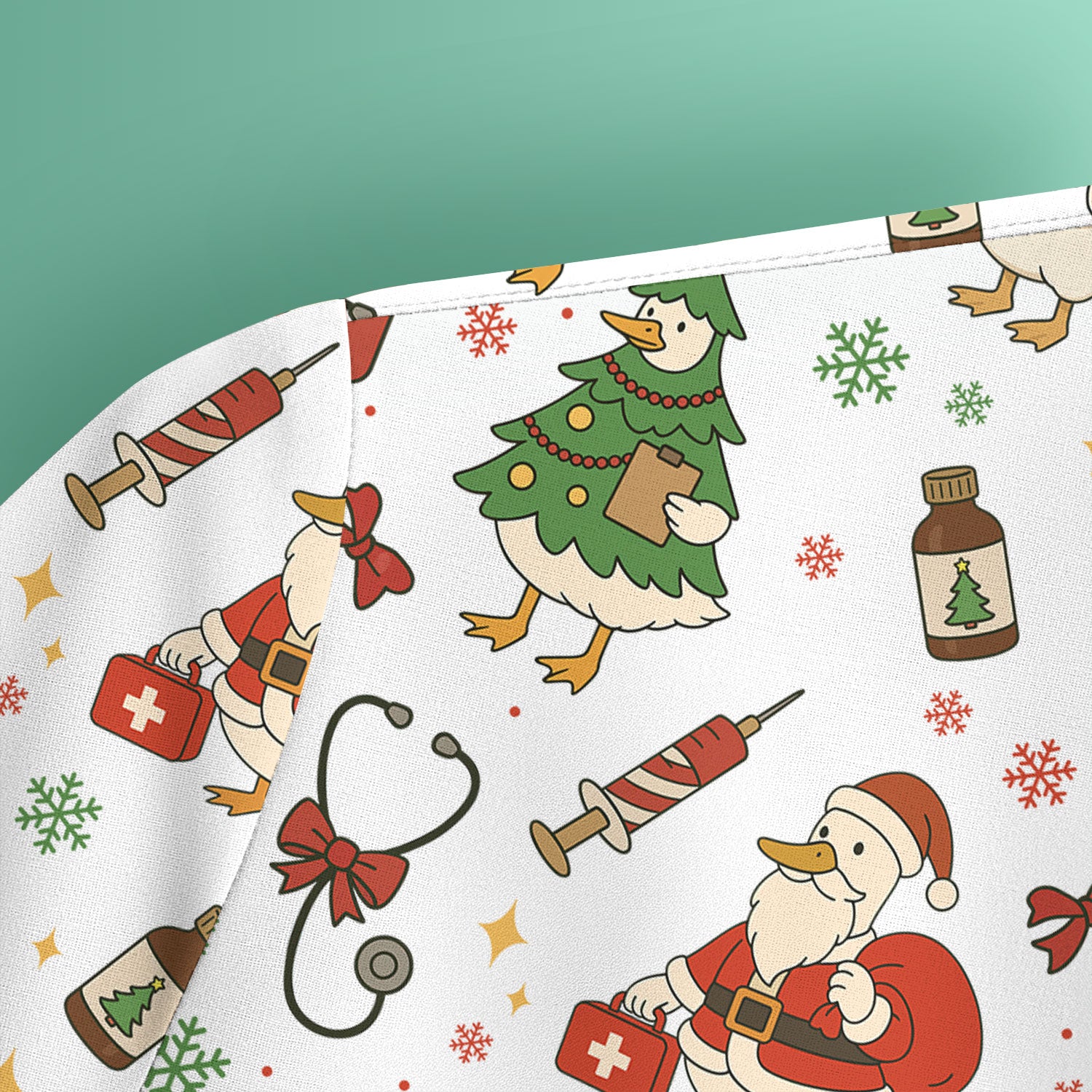 Christmas Duck Nurse Scrub Top for Women - Cute Santa Claus Pattern - Funny Holiday Nursing Shirt Gift for RN LPN CNA