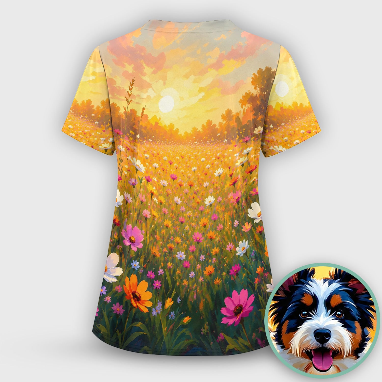 Cute Floral Meadow Dog Print Scrub Top, Comfortable Scrubs for Nurses