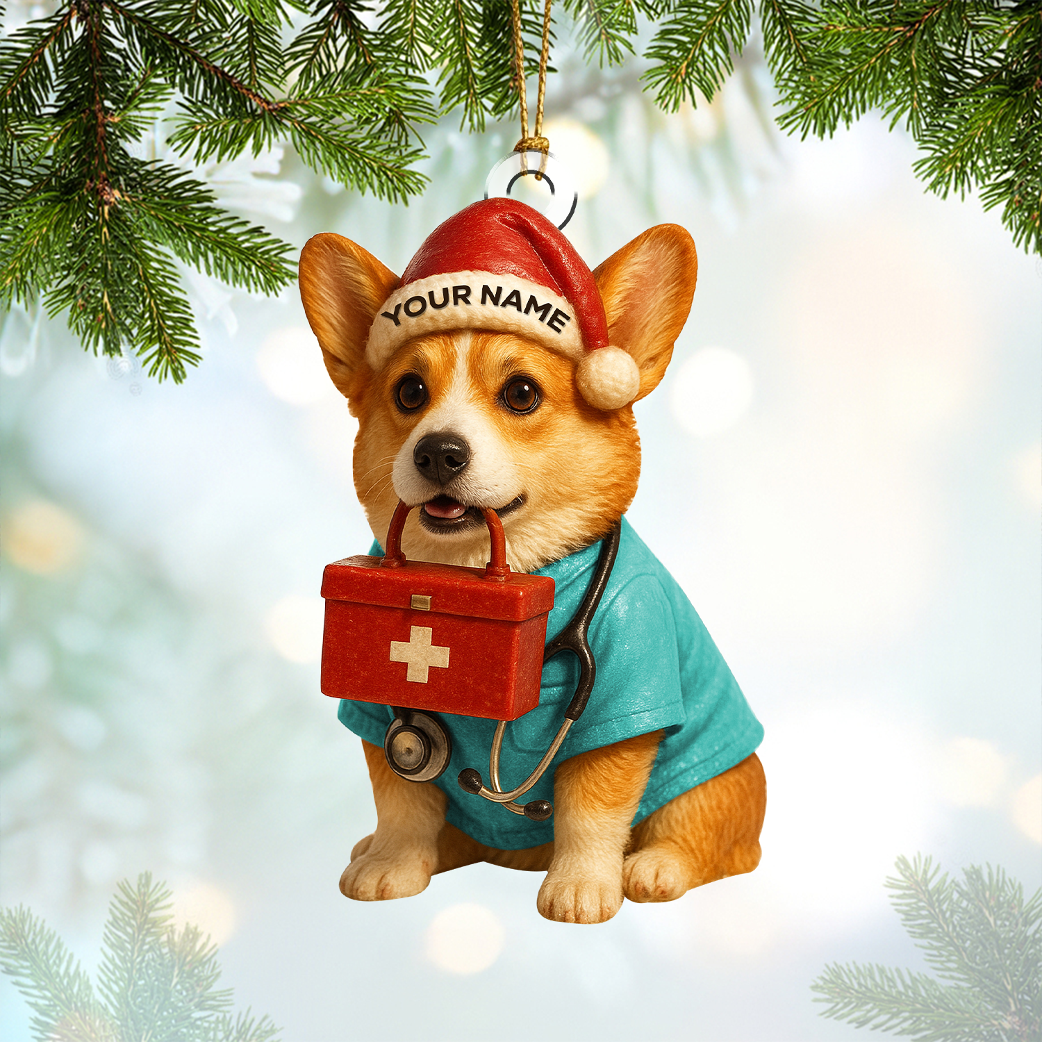 Personalized Corgi Nurse Christmas Ornament, Custom Name Dog Lover Ornament, Cute RN Holiday Gift for Healthcare Workers