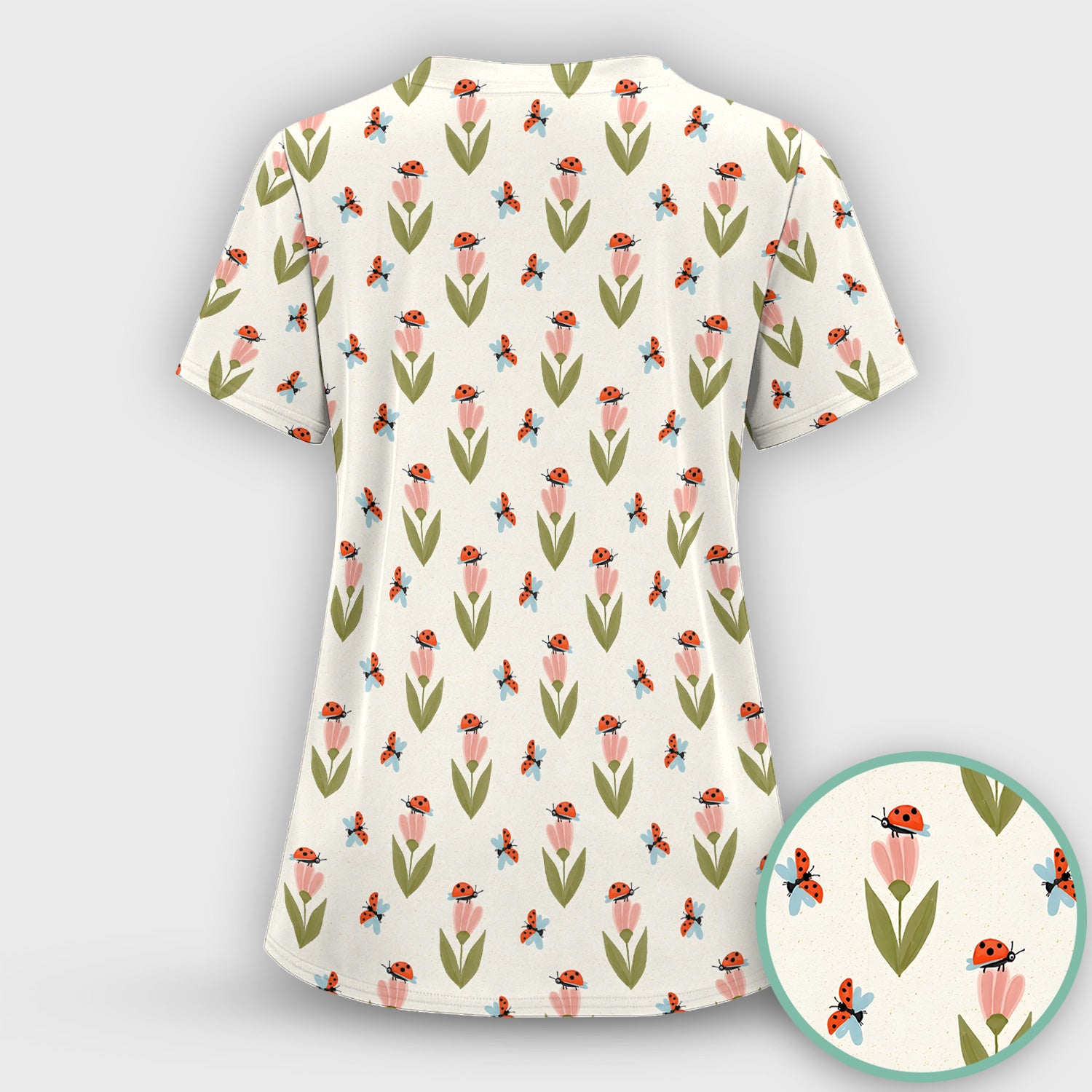 Cute Ladybug Tulip Floral Pattern Scrub Top, Comfortable Scrubs for Nurses