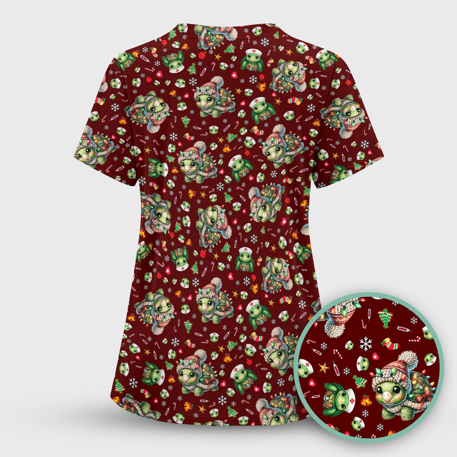 Christmas Turtle Scrub Top - Cute Funny Nurse Shirt - Holiday Medical Uniform for Women RN LPN CNA Gift Idea