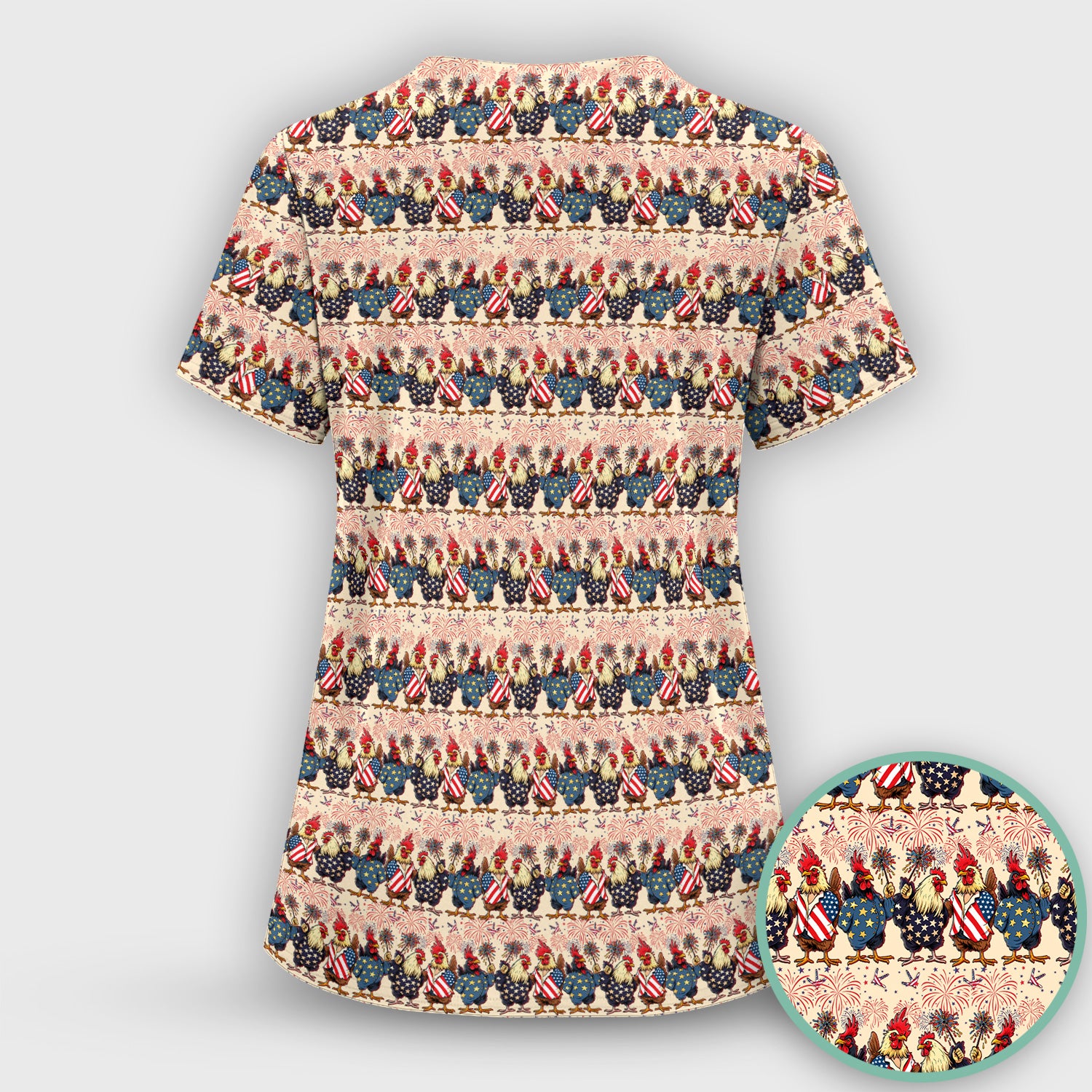 Patriotic Rooster Fireworks Pattern Scrub Set, Scrub Pants and V Neck Top