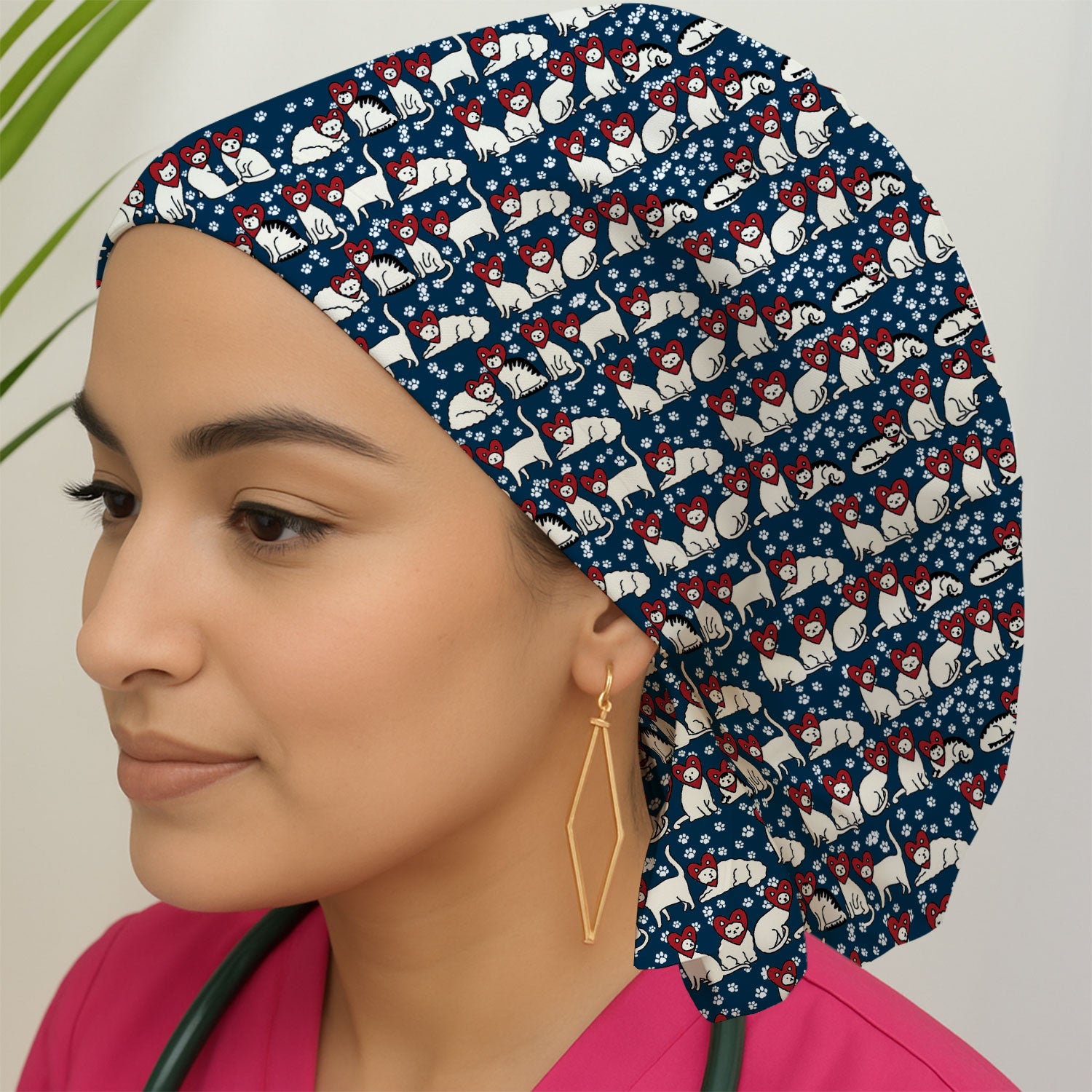Cute Cat Heart Pattern Scrub Cap, Funny Cat Scrub Hat For Nurses, Breathable Fabrics Nursing Uniform