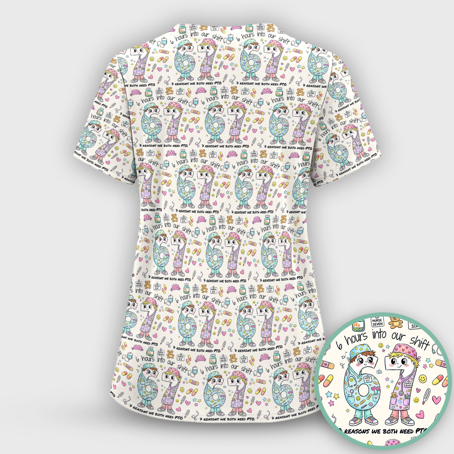 Cartoon Characters Six Hours Into Shift With Medical Doodle Scrub Set, Breathable Med Uniform