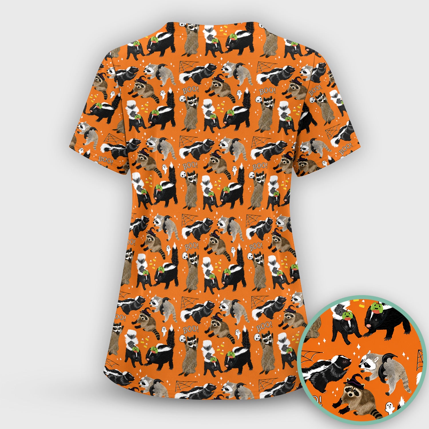 Halloween Wildlife with Skunk Raccoon Pattern Scrub Top, Comfortable Scrubs for Nurses