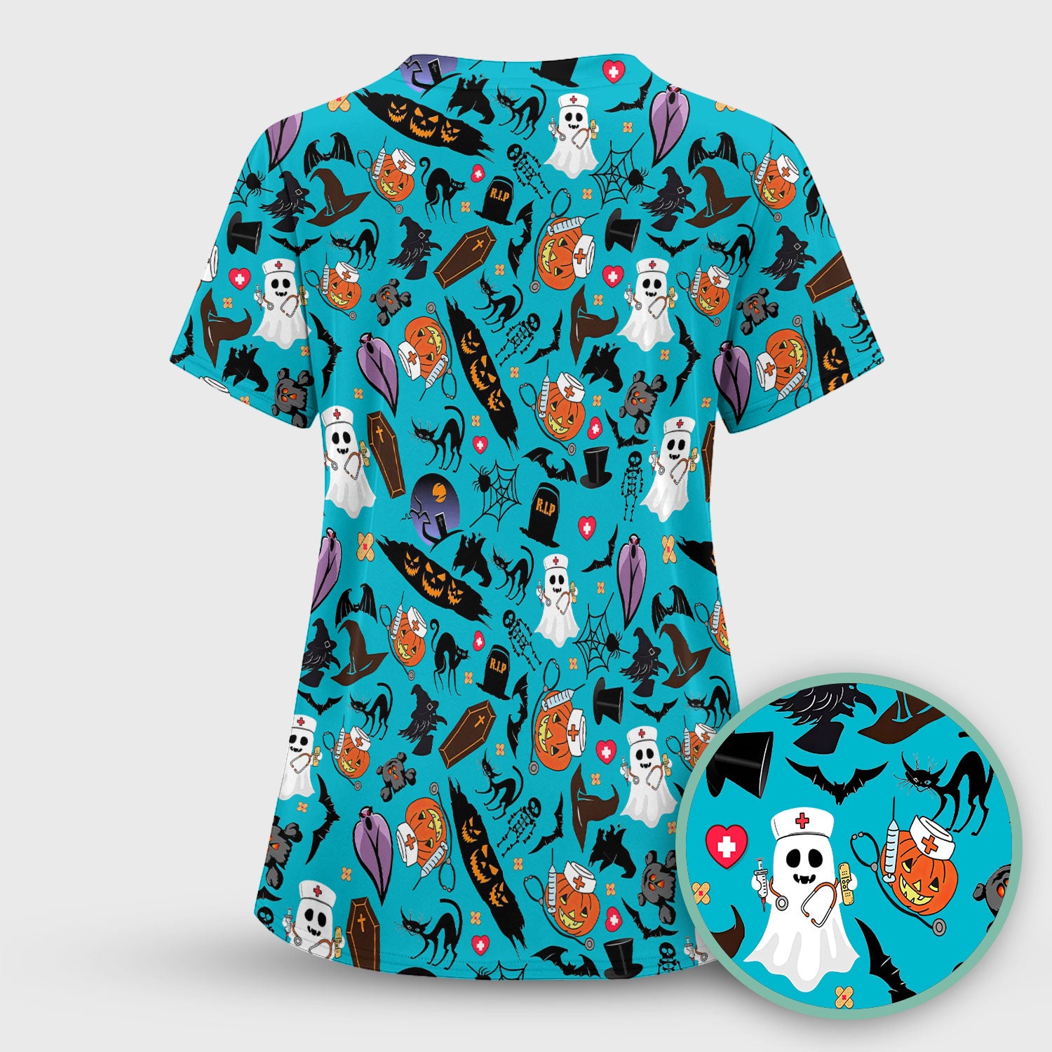 Spooky Halloween Scrub Top - Pumpkin Ghost Bat Nurse Shirt - Wicked Witch Medical Uniform for Women RN CNA LPN