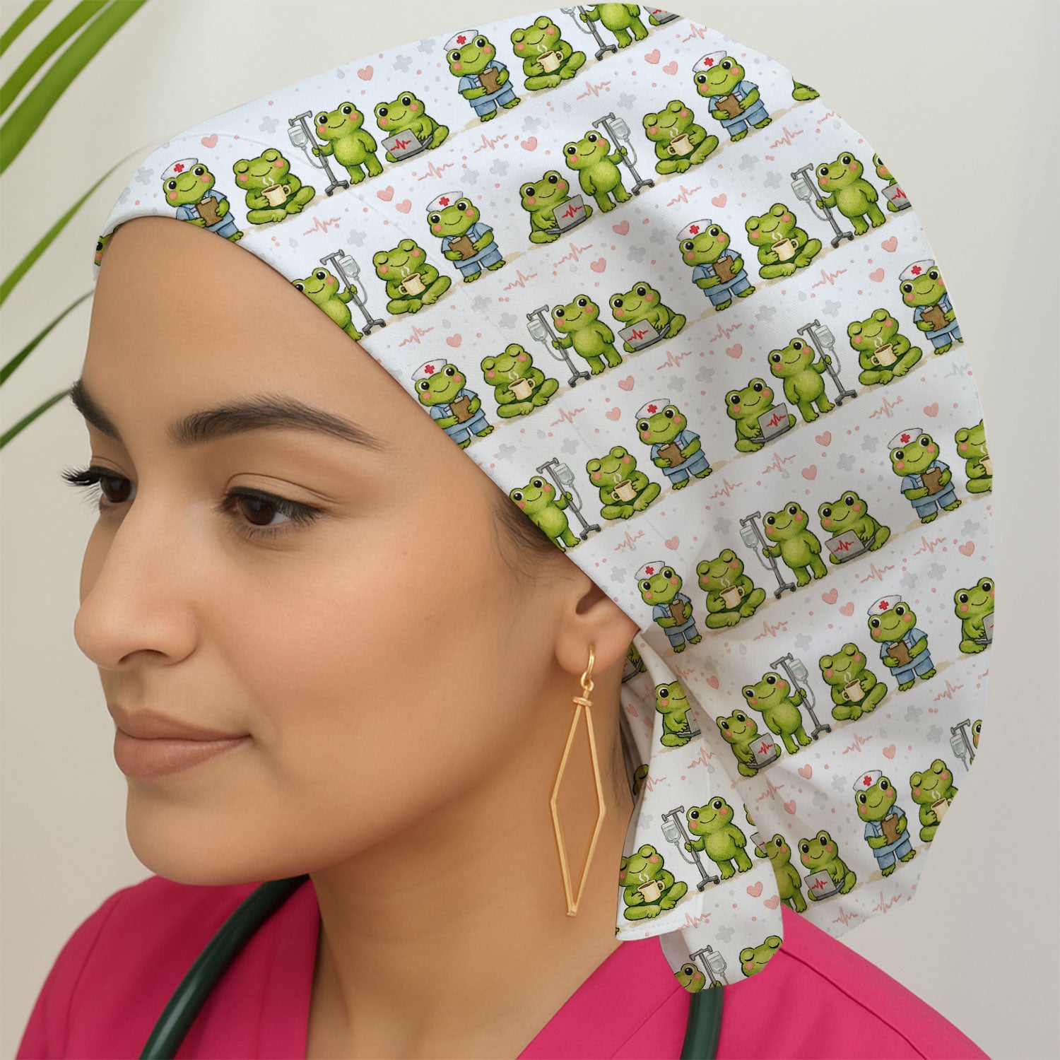 Adorable Frog Nurse Various Poses Print Bouffant Cap, Surgical Caps for Doctors