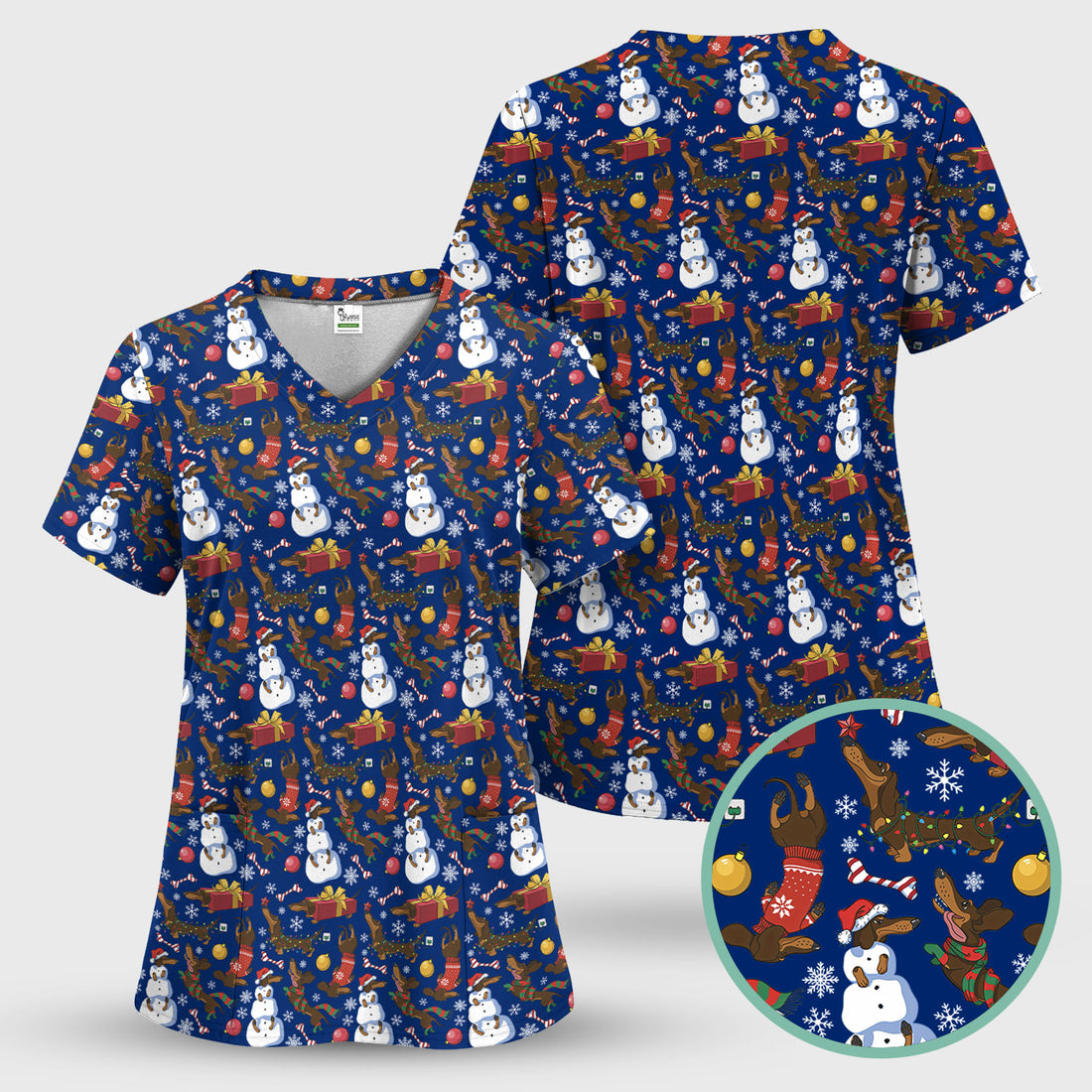 Custom Nurse Scrubs for Women - Christmas Dachshund Dog & Snowman Print - Multi Color Nursing Shirt Holiday Gift for Nurses