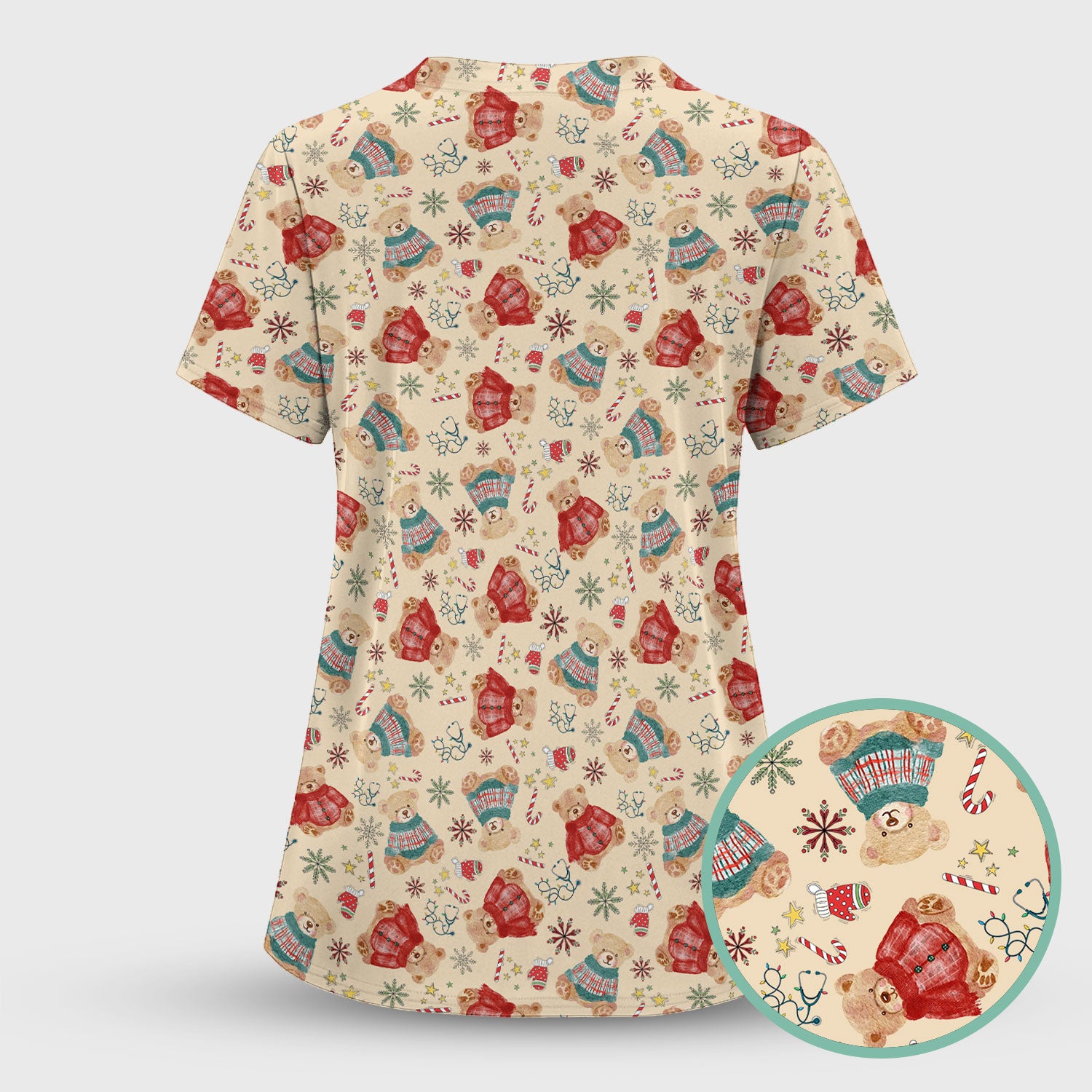 Christmas Bear Scrub Top - Cute Holiday Teddy Print Scrubs for Nurses - Funny Xmas Medical Scrub Shirt Gift for Women CNA RN