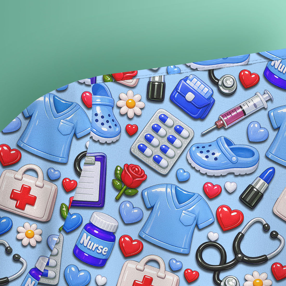 Medical Icons Scrub Top, Cute Pattern Nurse Shirt, Breathable Fabrics Nursing Uniform