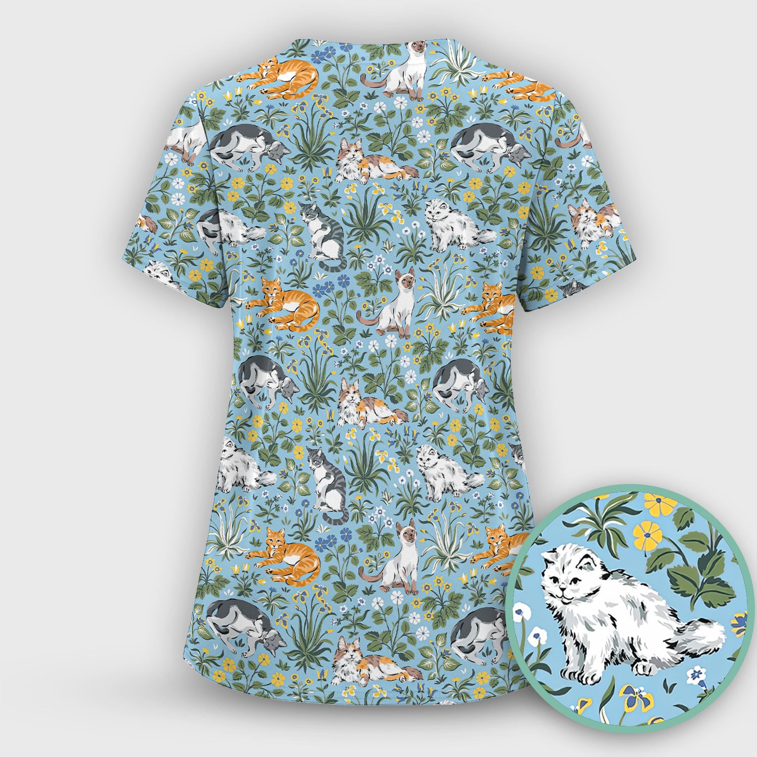 Floral Cat Garden Medical Pattern Scrub Set, Women's Scrub Sets