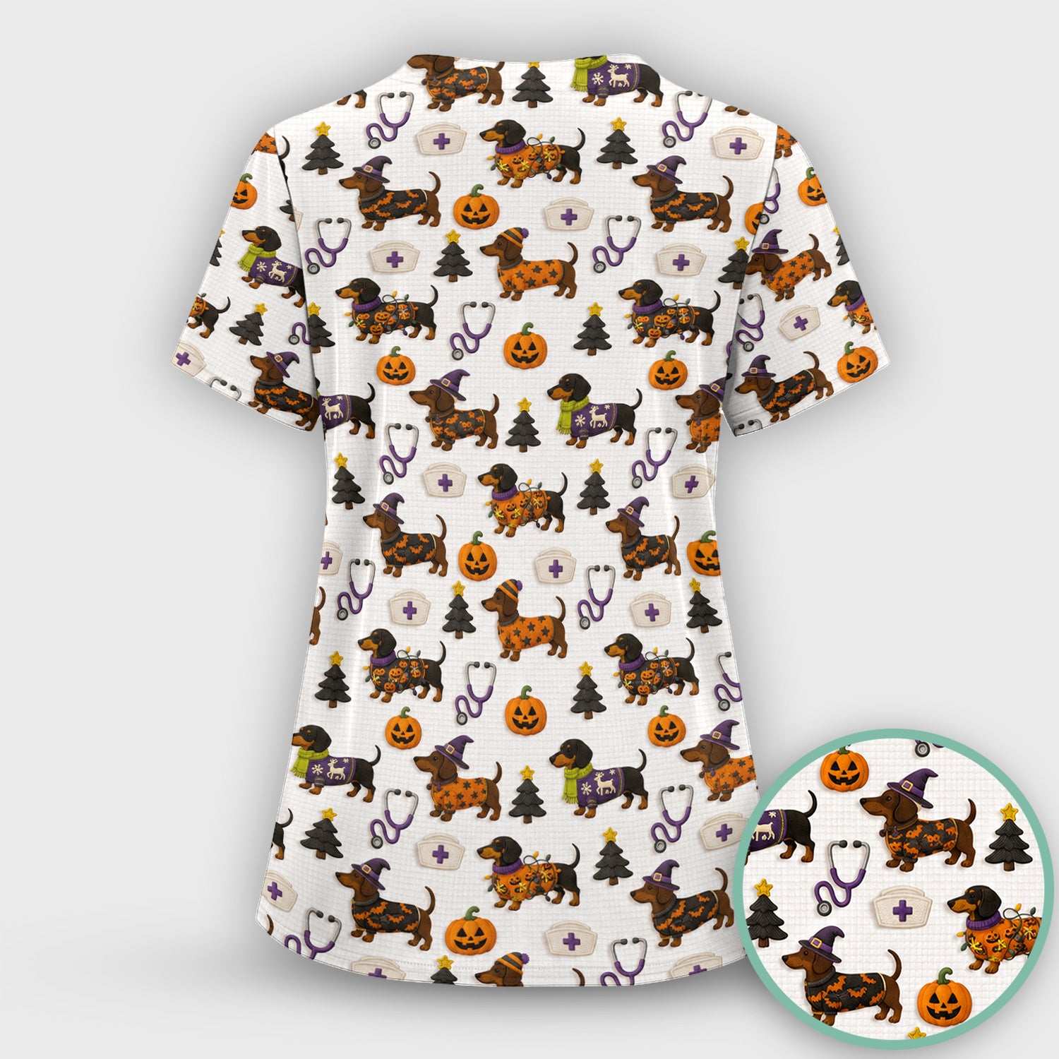 Halloween Dachshund with Pumpkin Stethoscope Print Scrub Set, Scrub Pants and V Neck Top