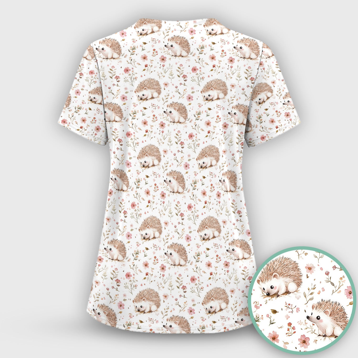 Cute Hedgehog Wildflower Garden Pattern Scrub Top, Comfortable Scrubs for Nurses