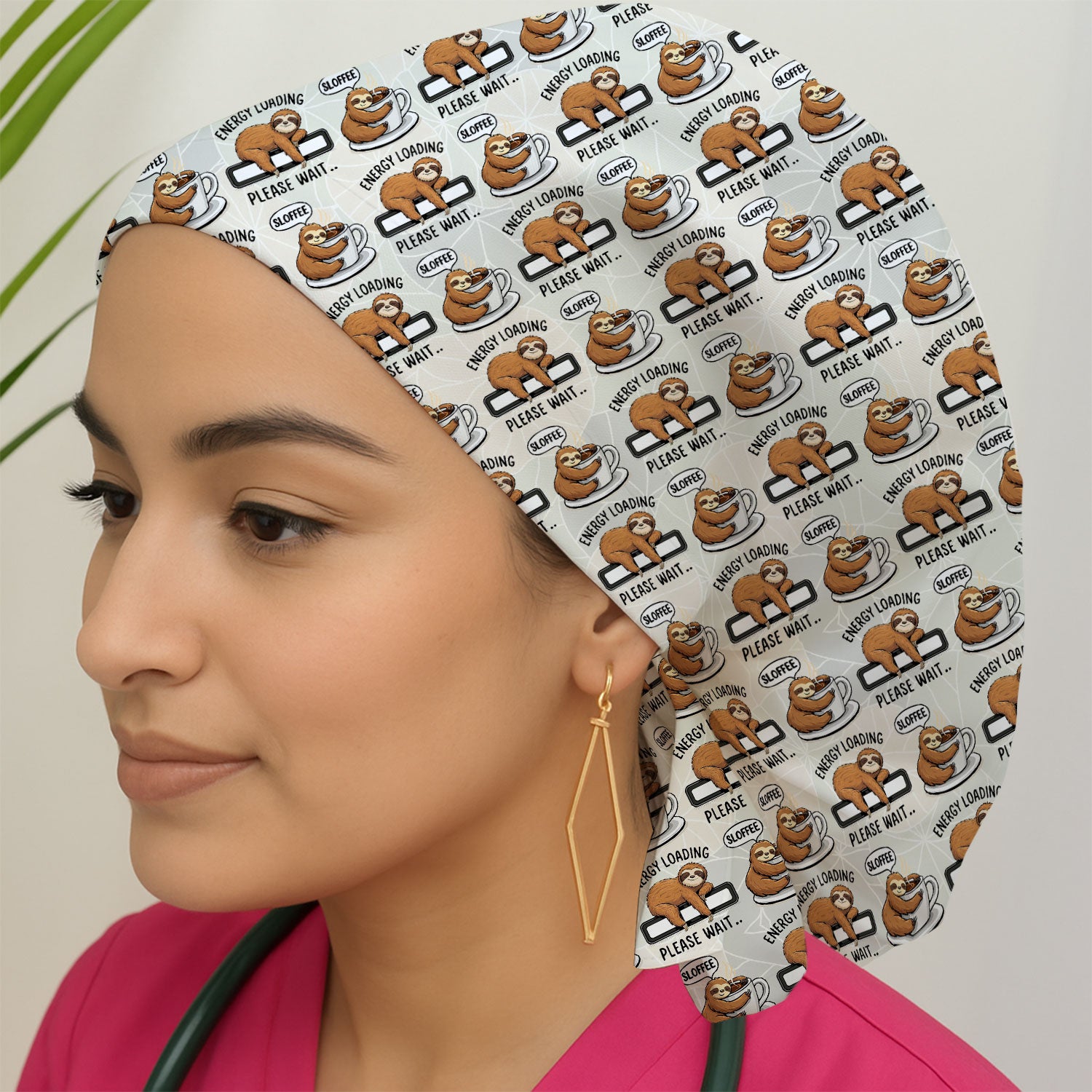 Funny Sloth Coffee Energy Loading Pattern Caps, Bouffant Scrub Caps for Women