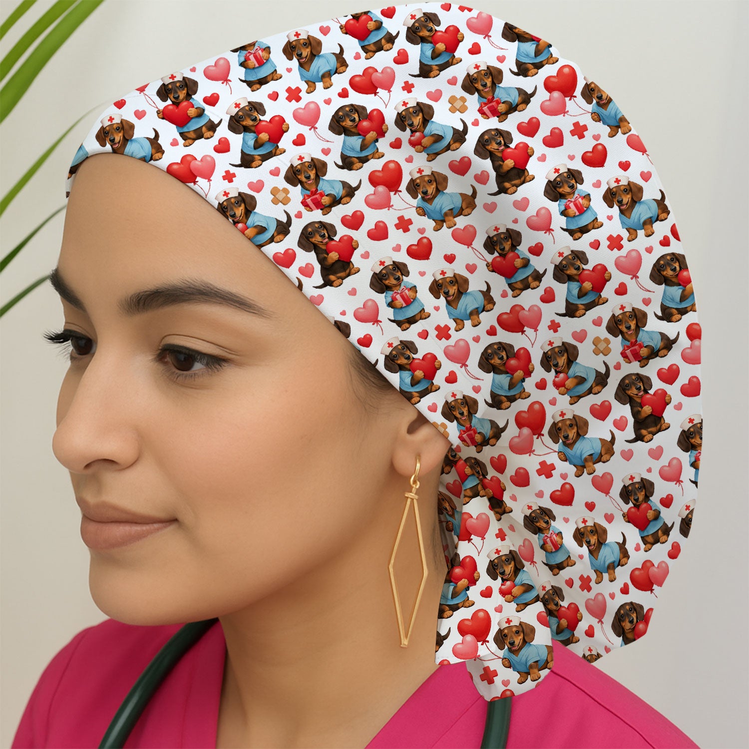 Dachshund Valentine Nurse Scrub Cap, Cute  Wiener Dog Medical Pattern Hat, Breathable Fabrics Nursing Uniform