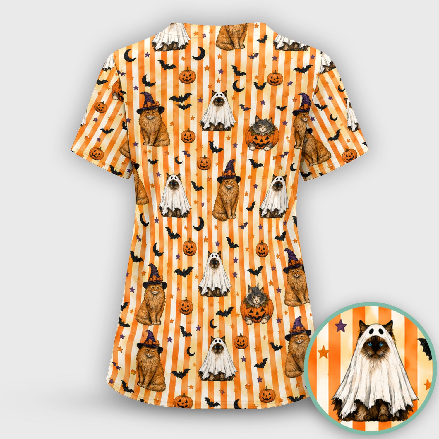 Halloween Cat Print Scrub Top, Comfortable Scrubs for Nurses