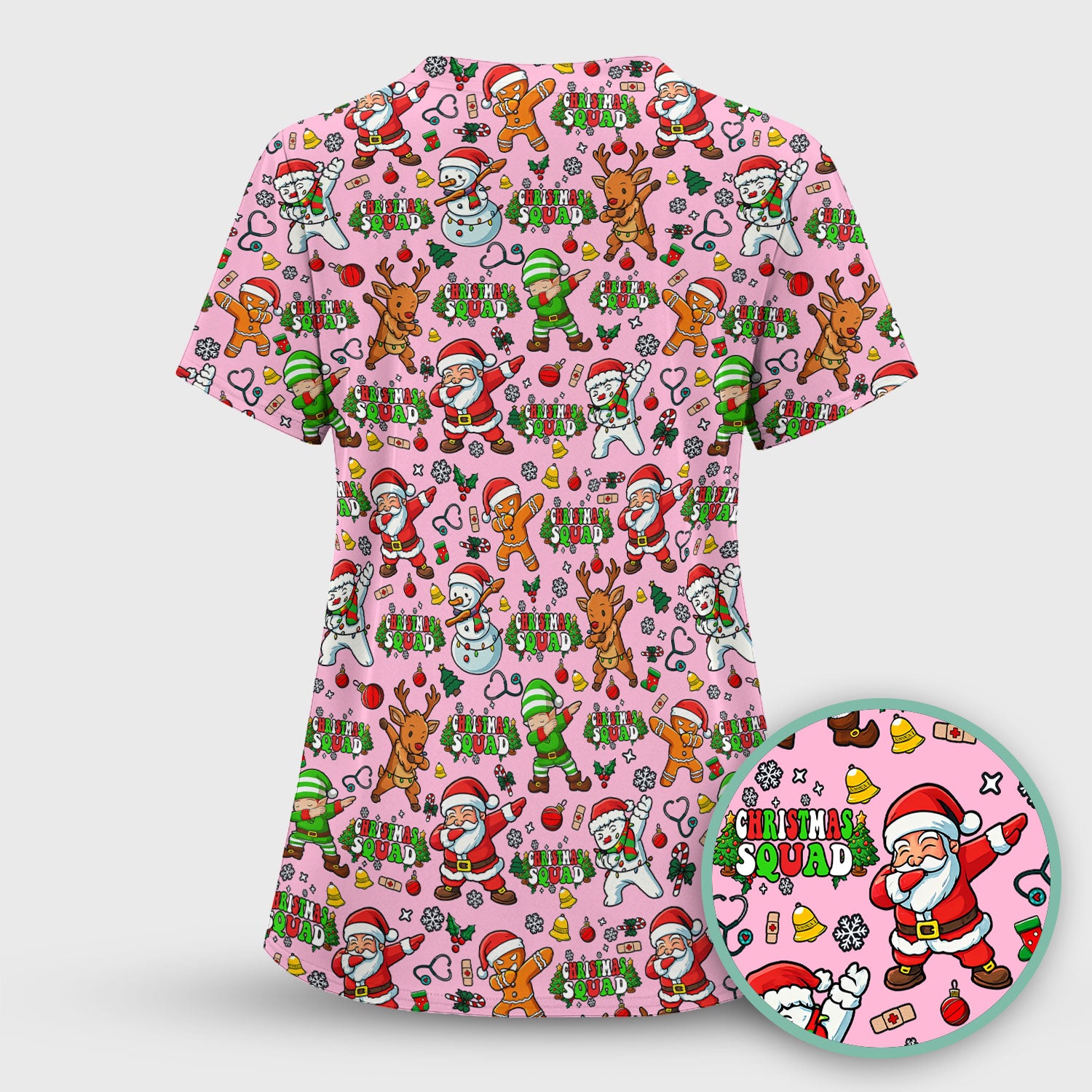 Christmas Squad Scrub Top - Dancing Santa, Reindeer & Elf Shirt - Funny Holiday Medical Uniform for Nurses, Doctors & Vet Techs