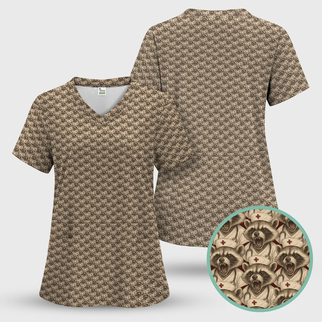 Vintage Angry Raccoon Scrub - Repeating Nurse Raccoon Pattern Graphic Design - Gift for Women RN, LPN, CNA