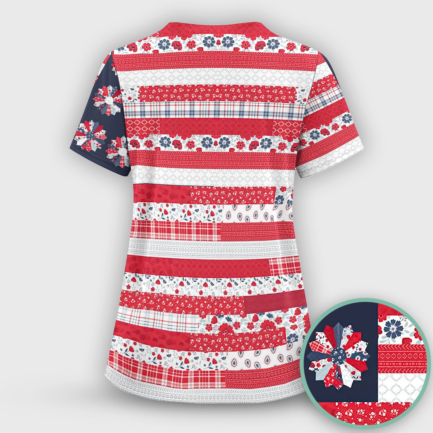 Patriotic Floral Flag Patchwork Pattern Scrub Set, Scrub Pants and V Neck Top