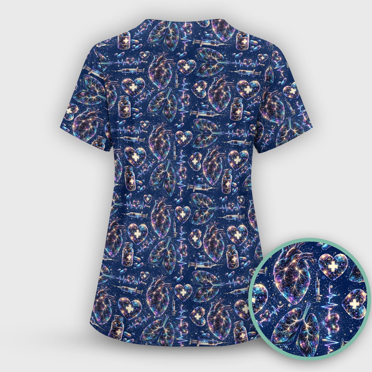 Galaxy Anatomical Heart Lung Syringe Print Scrub Top, Breathable Fabrics Nursing Uniform
