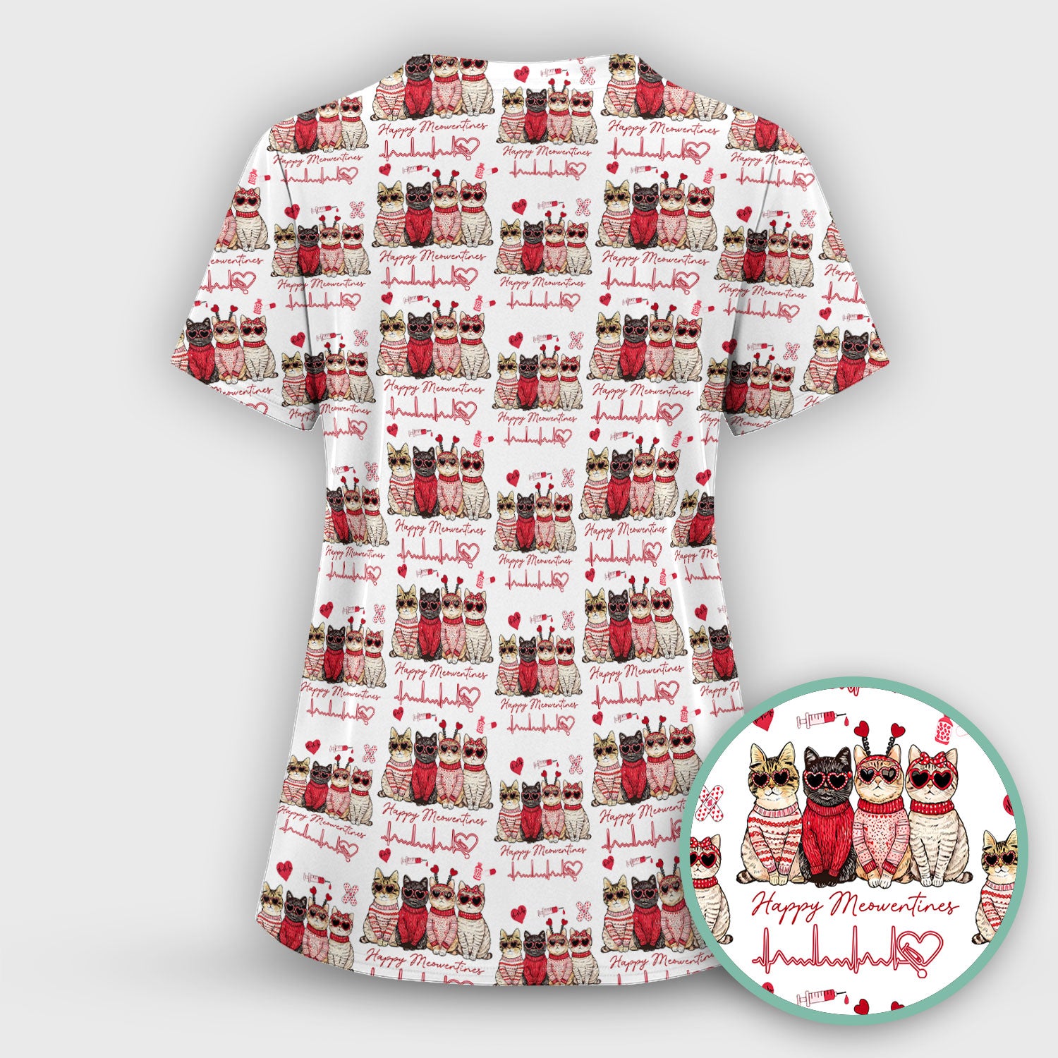 Happy Meowtines Cat Pattern Scrub Top, Valentine Cat Lover Nurse Scrub Shirt, Heartbeat Medical Pattern Nursing Uniform
