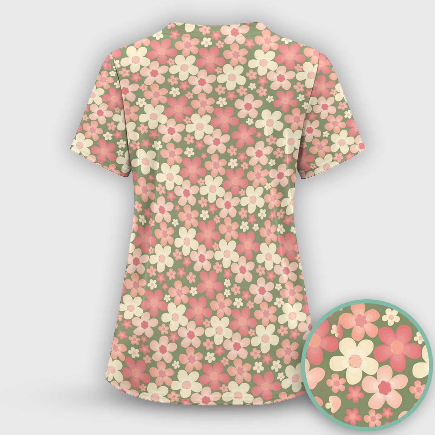 Retro Floral Print Scrub Top, Comfortable Scrubs for Nurses