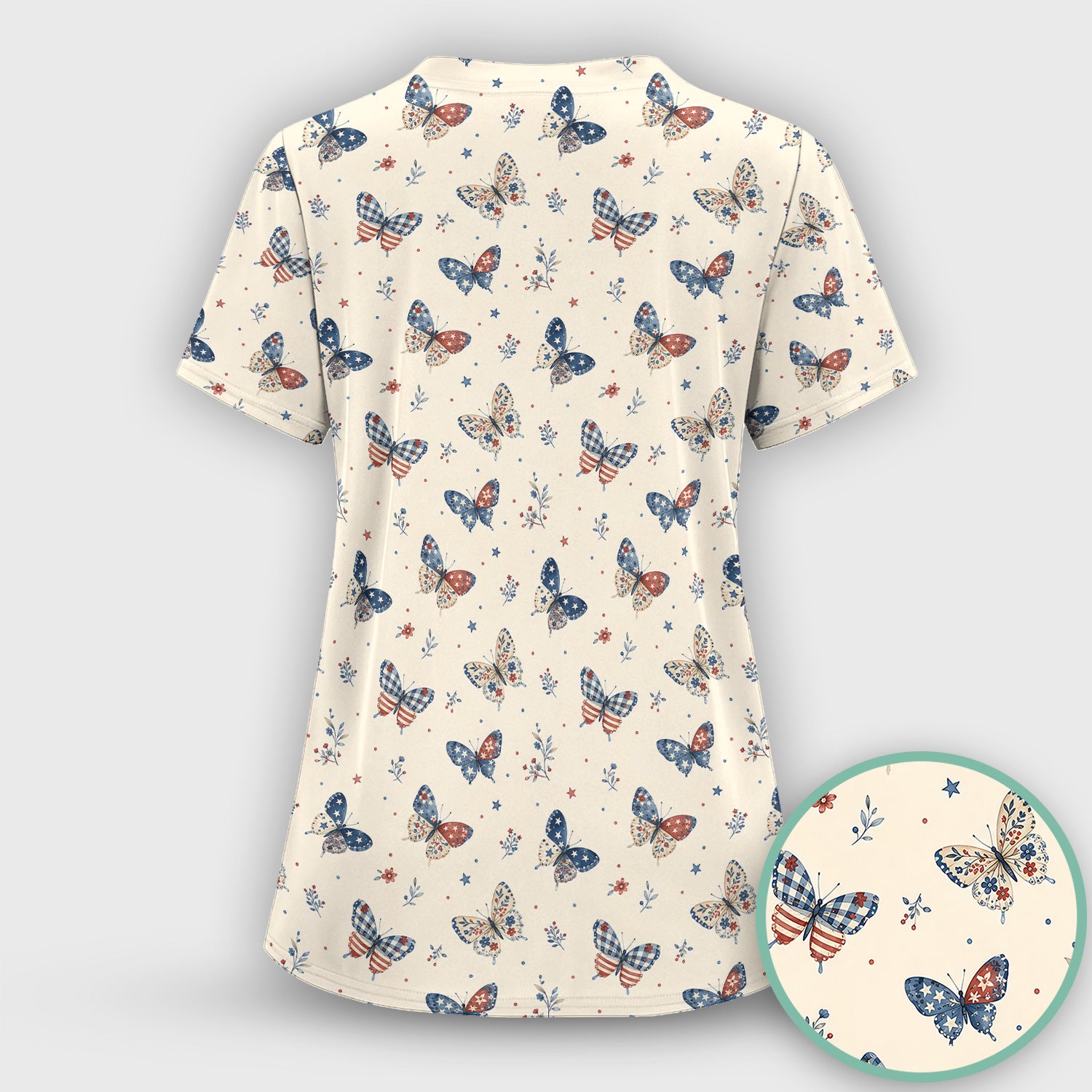 Fourth Of July Butterfly Print Scrub Set, Scrub Pants and V Neck Top