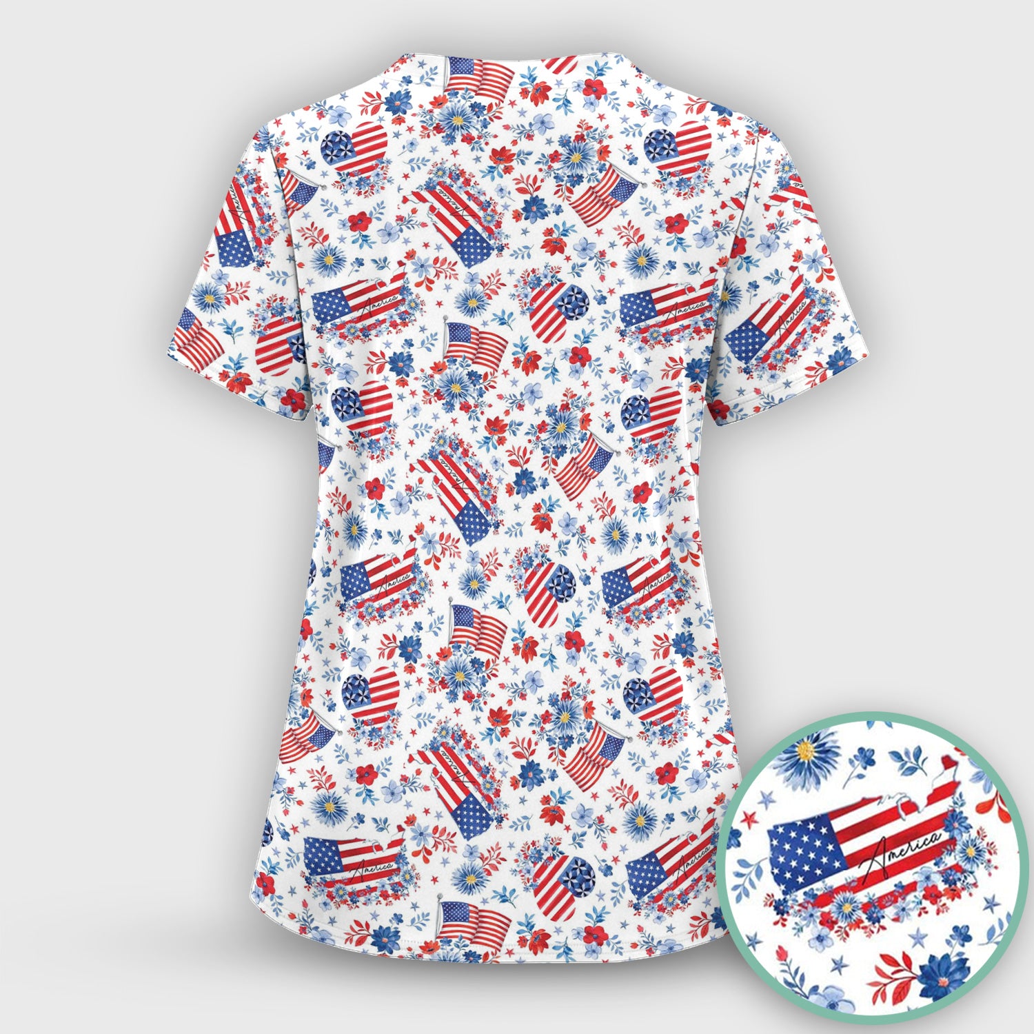 Festive American Flag Heart Floral Pattern Scrub Top, Comfortable Scrubs for Nurses