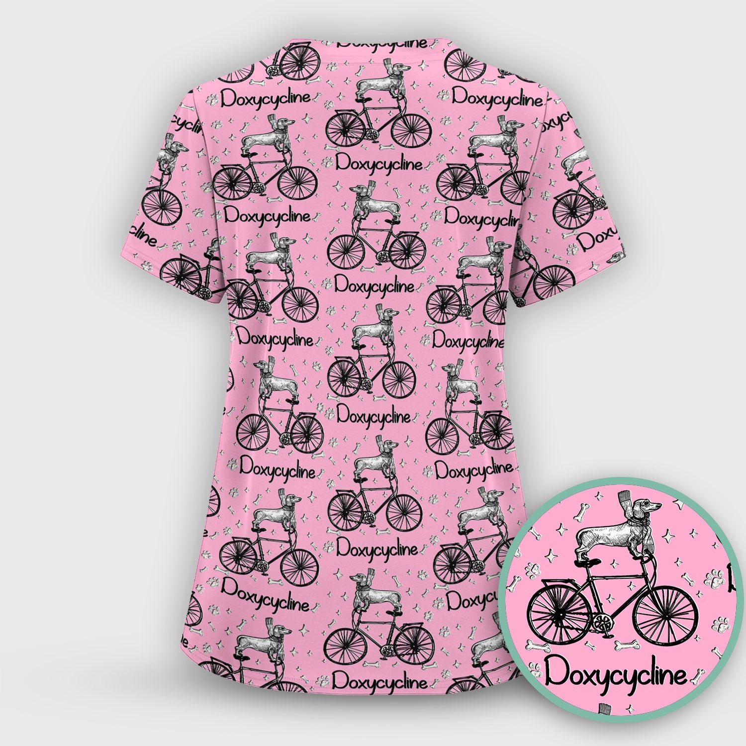 Funny Doxycycline Dog Bicycle Print Scrub Top, Comfortable Scrubs for Nurses