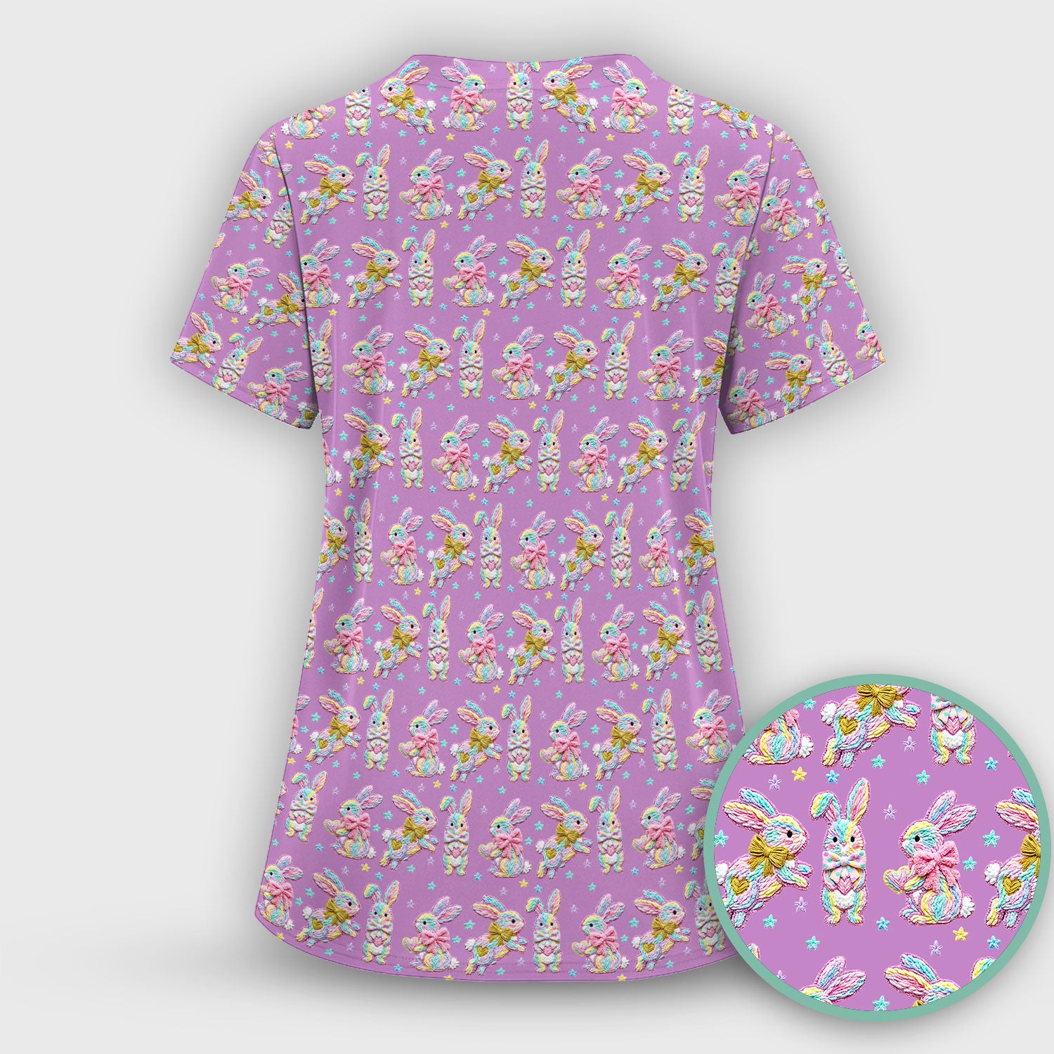 Cartoon Bunny All Over Print Scrub Top, Comfortable Scrubs for Nurses, Easter