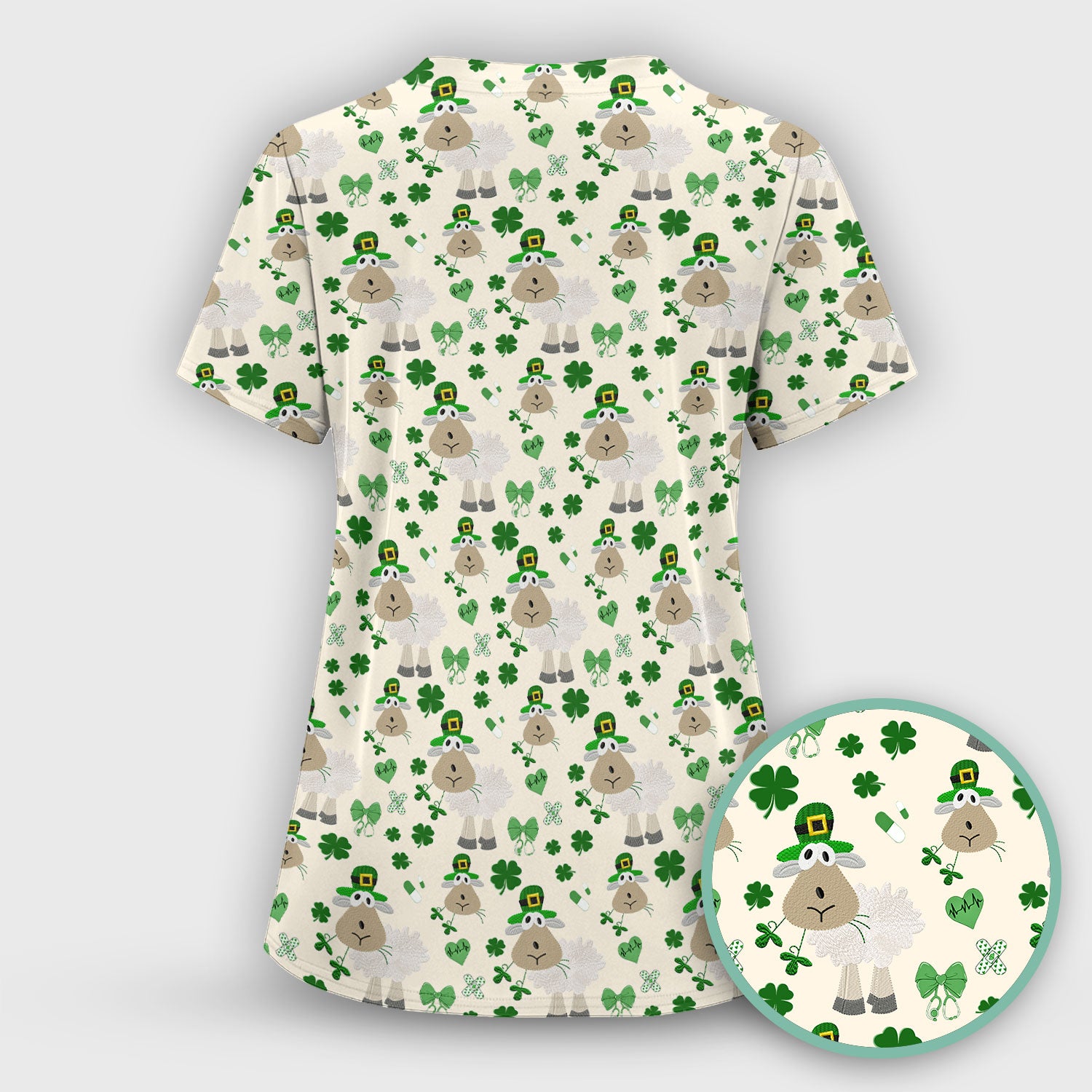 Nurse St. Patrick Scrubs Top, Cute Sheep Shamrock Pattern Nurse Shirt, Breathable Fabrics Nursing Uniform