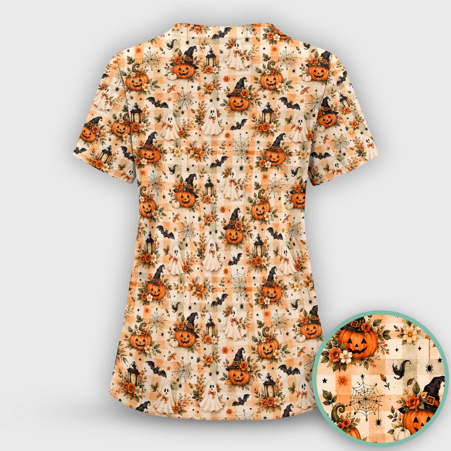 Vintage Halloween Pumpkin And Ghost Scrub Set, Scrub Pants and V Neck Top