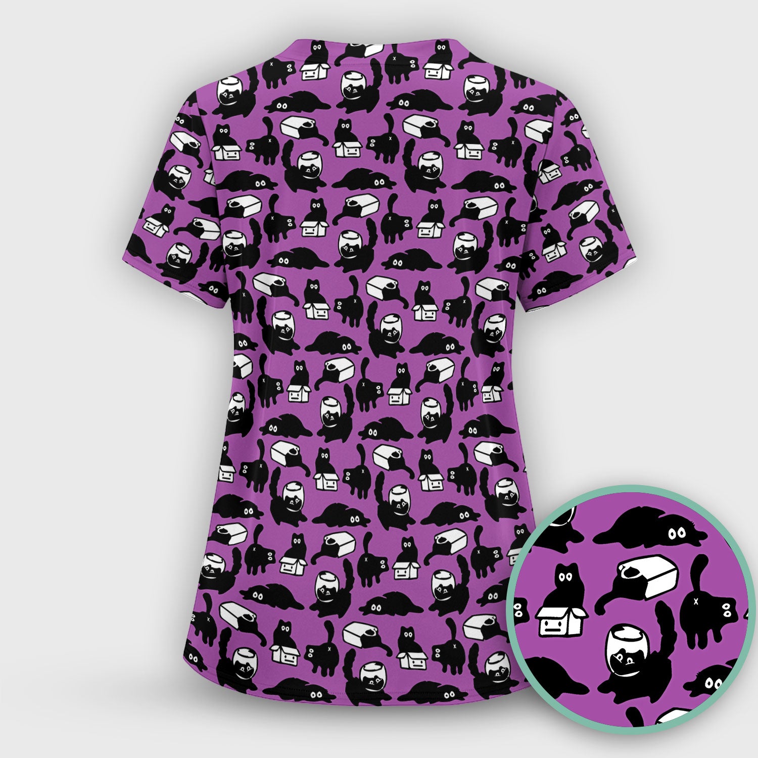 Dark Playful Cat Cartoon Pattern Scrub Top, Comfortable Scrubs for Nurses